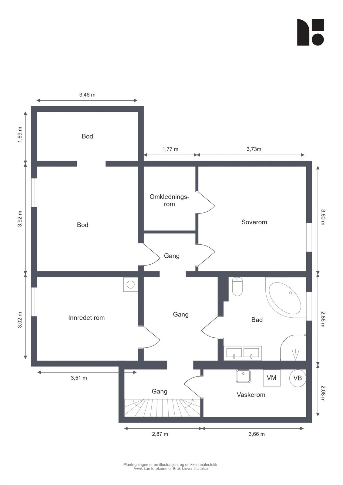 Kjelleren ble innredet 2001/2002 og er ikke søkt bruksendret - rommene er ikke godkjent for varig opphold Galleribilde