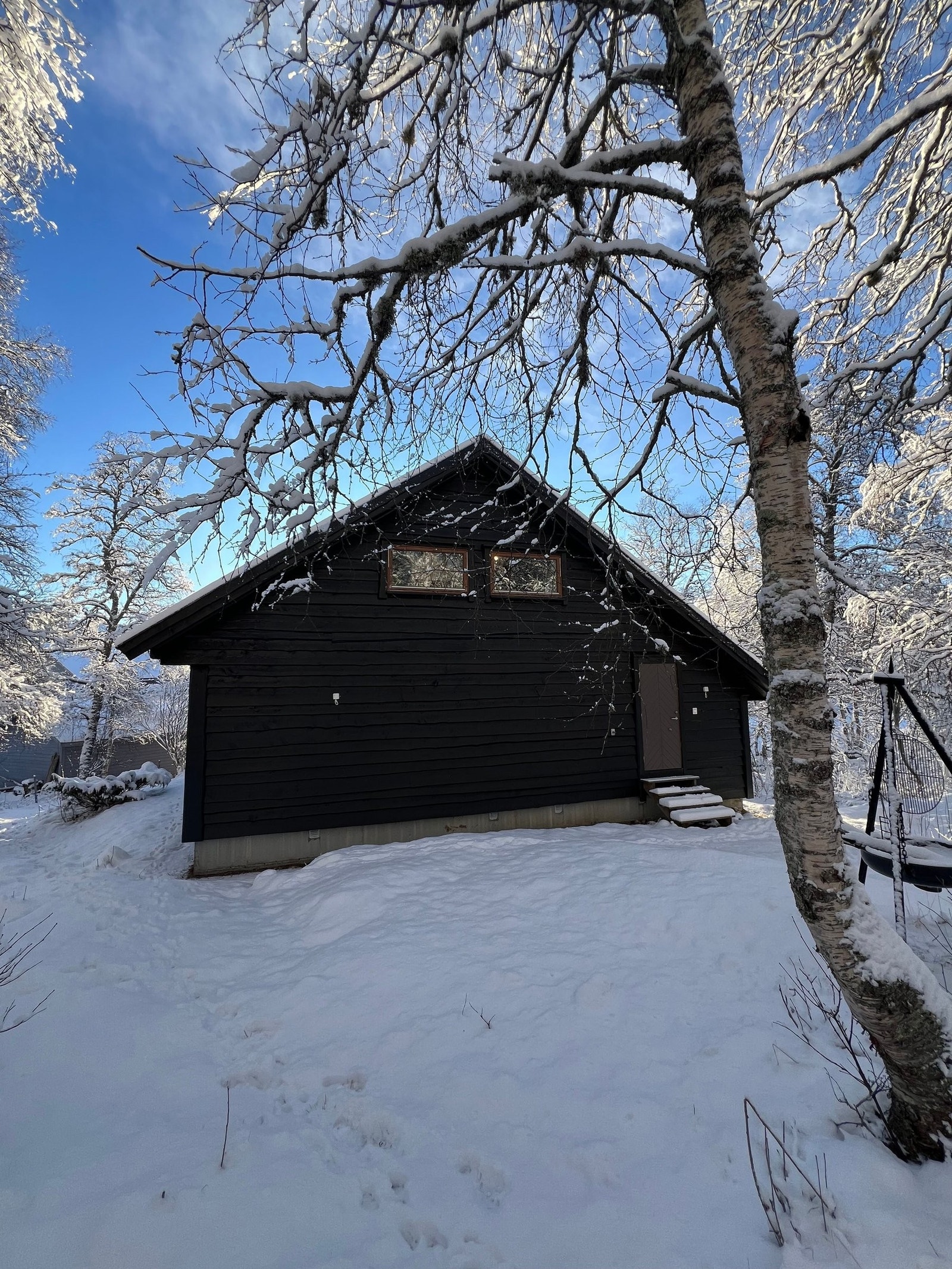 Stort usjenert uteområde på baksiden av hytta. Døra her bak fører inn til bod, og videre inn til bad/badstue. Galleribilde