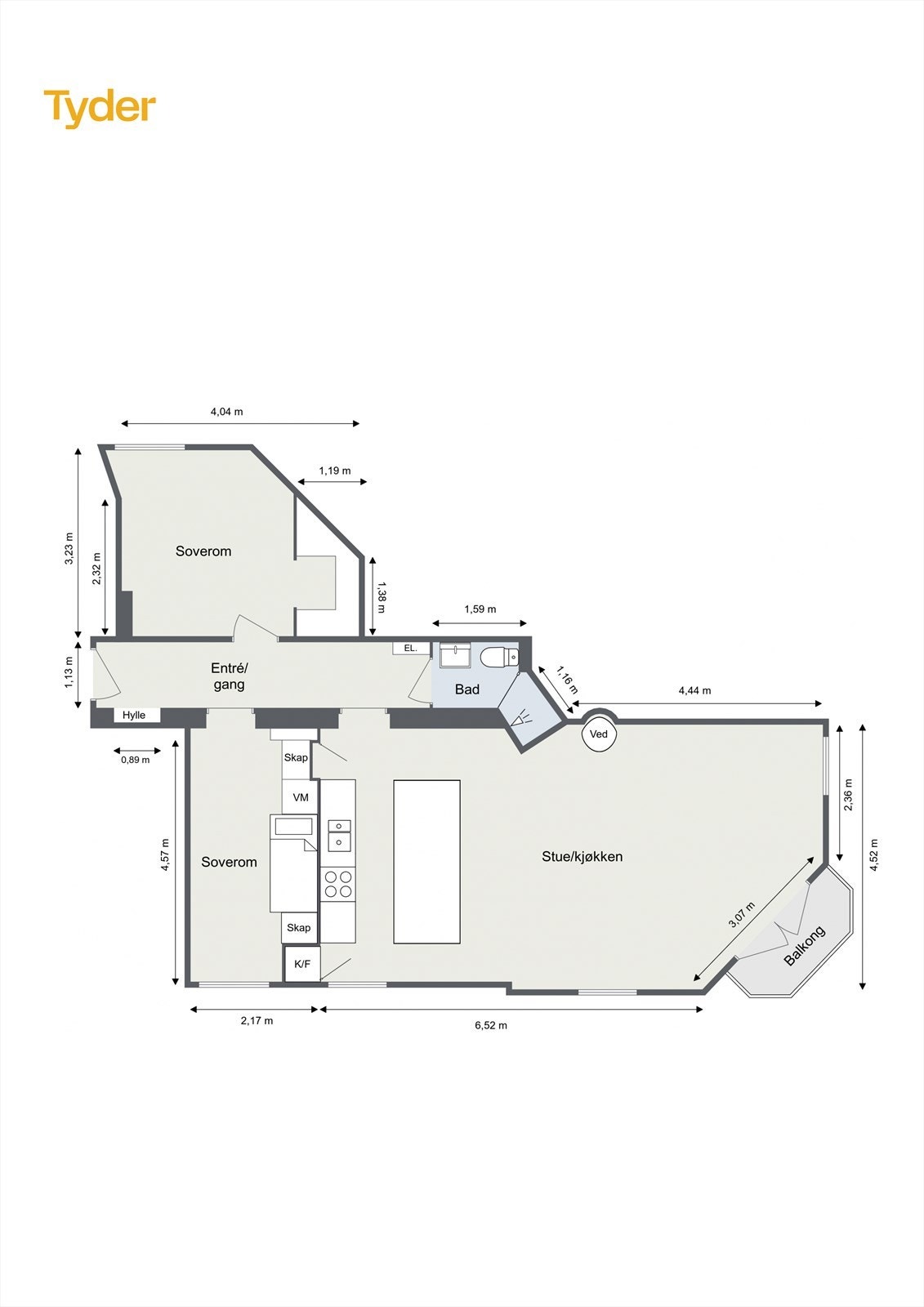 Oppmålt plantegning for leiligheten. Galleribilde