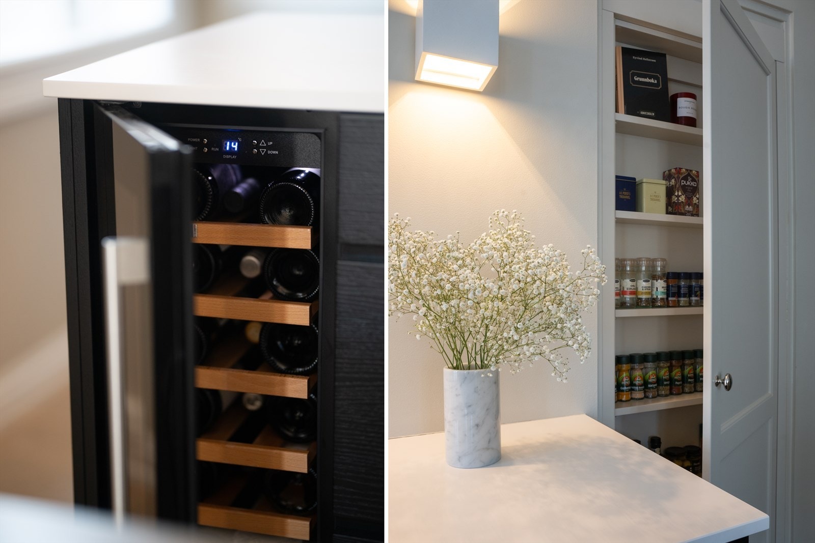 Integrert vinskap. Kjøleskapnisje og tørrvareskap levert av JHInteriør og utført i samme uttrykk som øvrig kjøkkeninnredning. Galleribilde