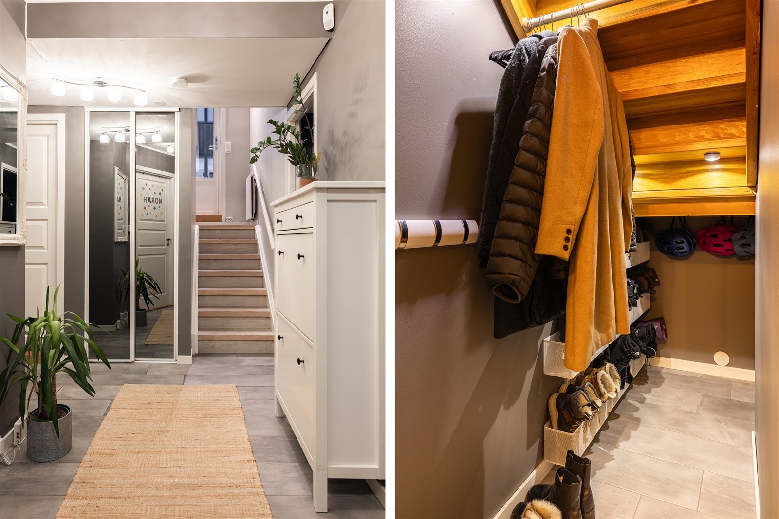 Trappen fører videre opp til 2. etasje. Under trappen er det en smart garderobeløsning. Galleribilde