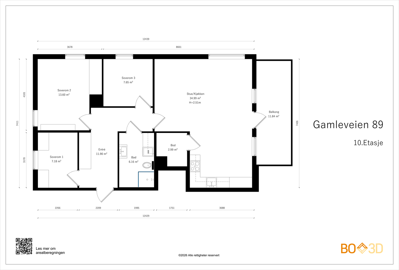Original planløsning med 3 soverom og stue på hele 35 kvm. Galleribilde