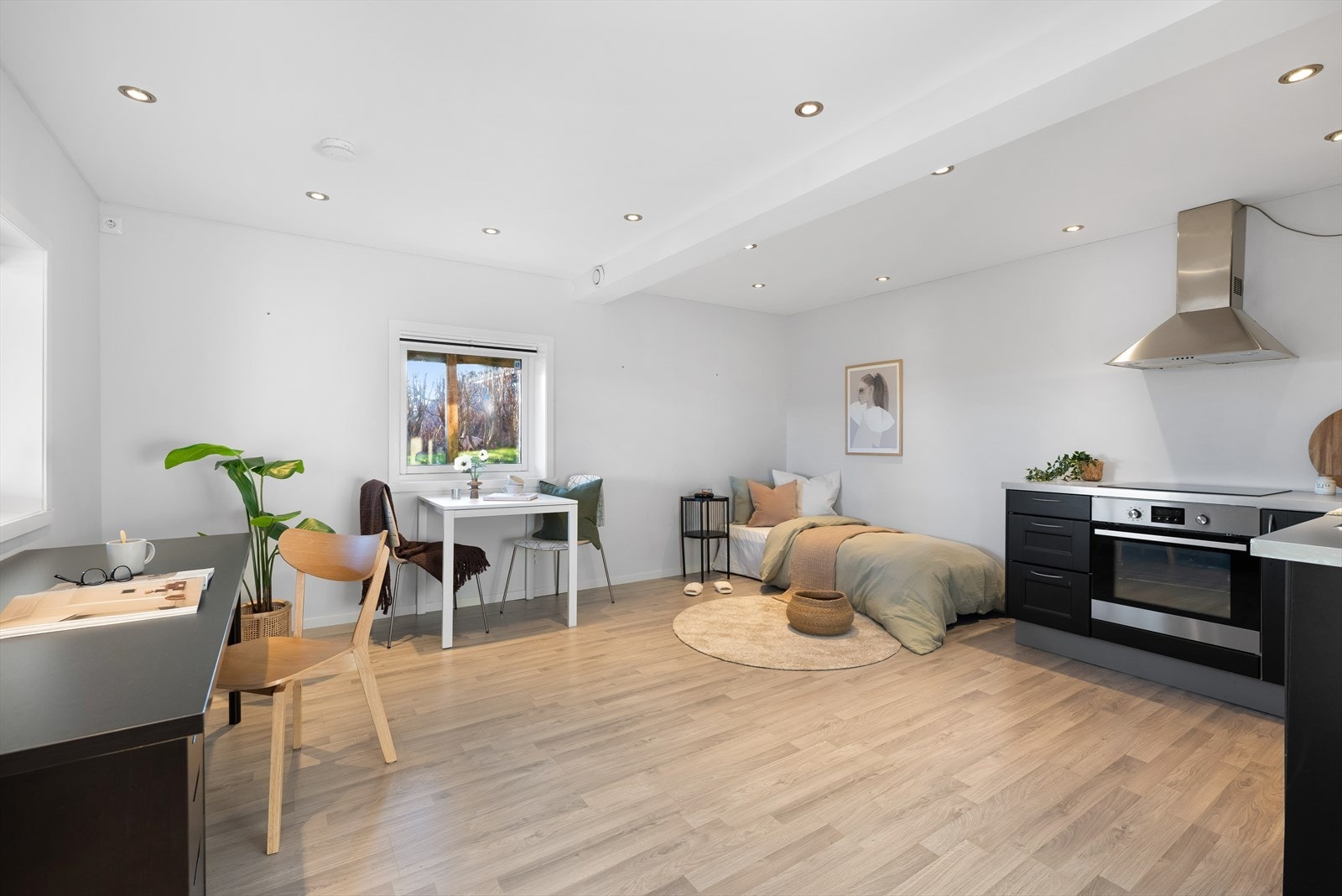 I underetasjen finner man en innredet hybel. Her har man en romslig stue med plass for seng, spisebord og sittegruppe om man skulle ønske det. Galleribilde