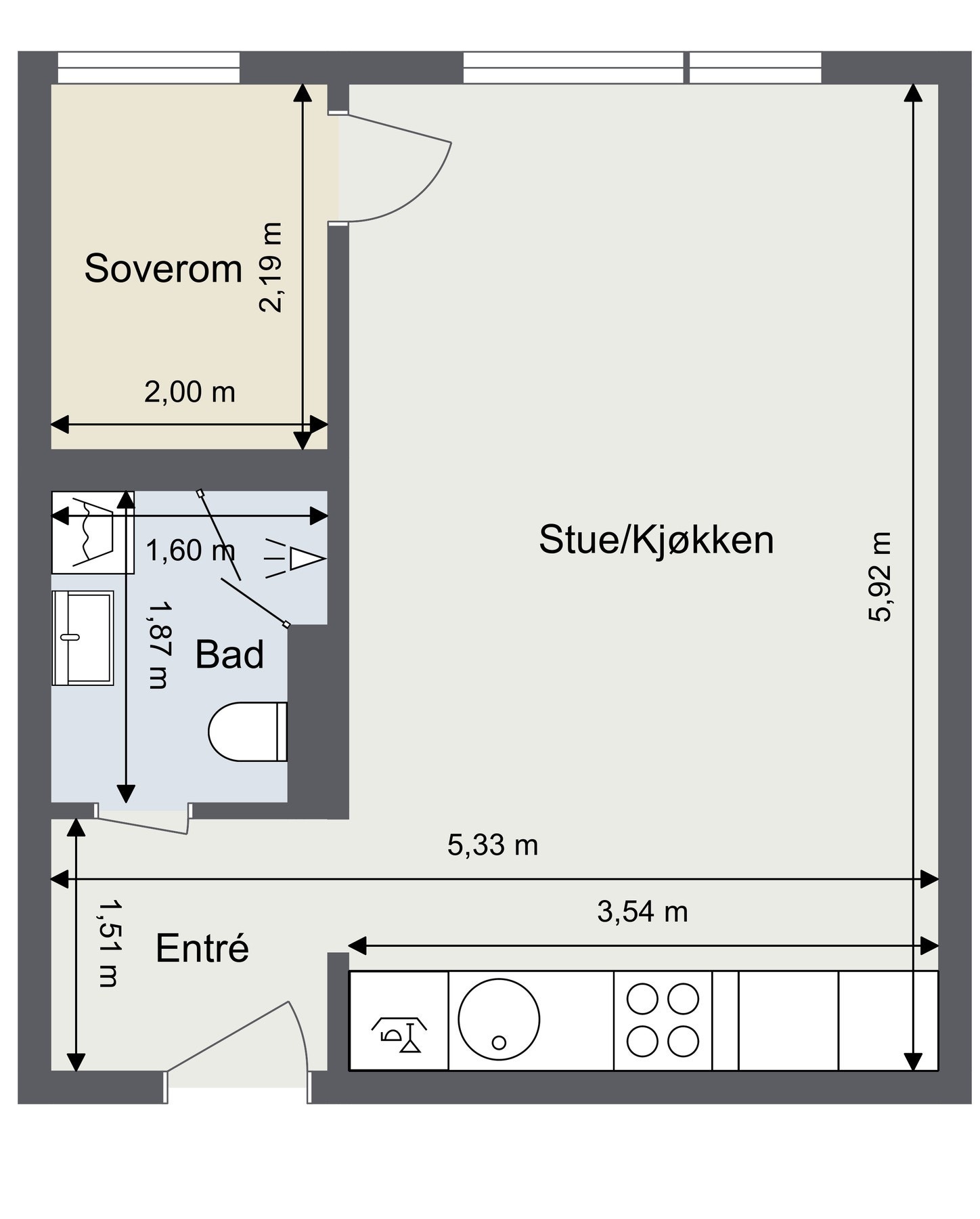Plantegning. Leiligheten ligger i øverste etasje/7. etasje med heisdakomst. Avvik kan forekomme, skissen er ikke målbar. Galleribilde