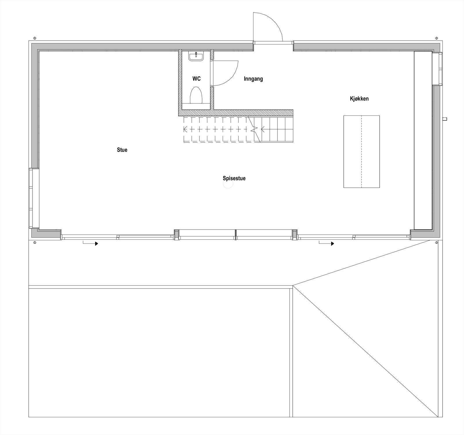 Plantegning 1. etasje. Boligen har alt BRA over bakkenivå. Galleribilde