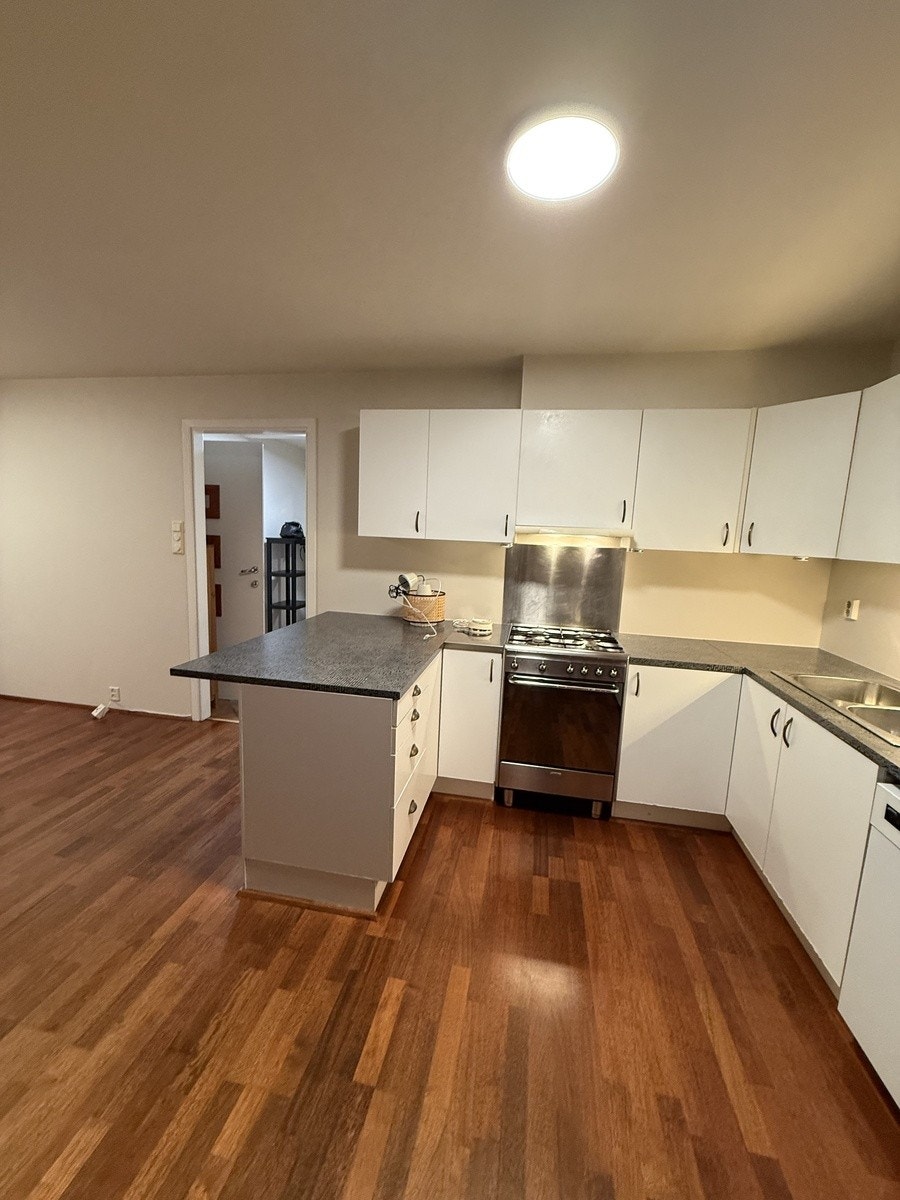 Åpent kjøkken med gasskomfyr fra gorje. Gang til venstre for kjøkkenet. Fra gang er soverom og bad. Galleribilde