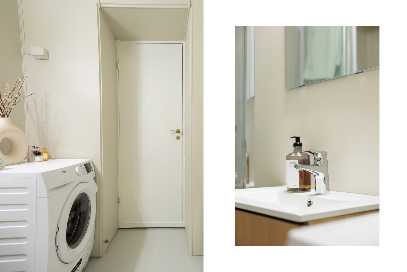 Badet har opplegg for vaskemaskin og er naturlig plassert bak døren Galleribilde