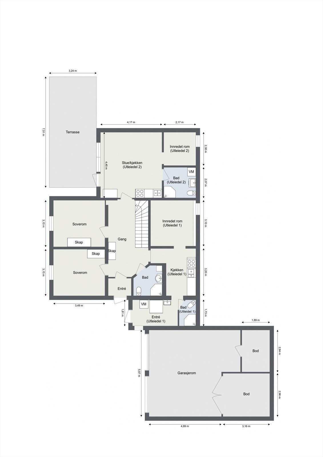 Plantegning underetasje. Rommene som i dag benyttes som utleiedel 2 er godkjent som stue (varig opphold) og utleiedel 1 er originalt tegnet inn som boder, og dermed ikke godkjent for varig opphold. Galleribilde