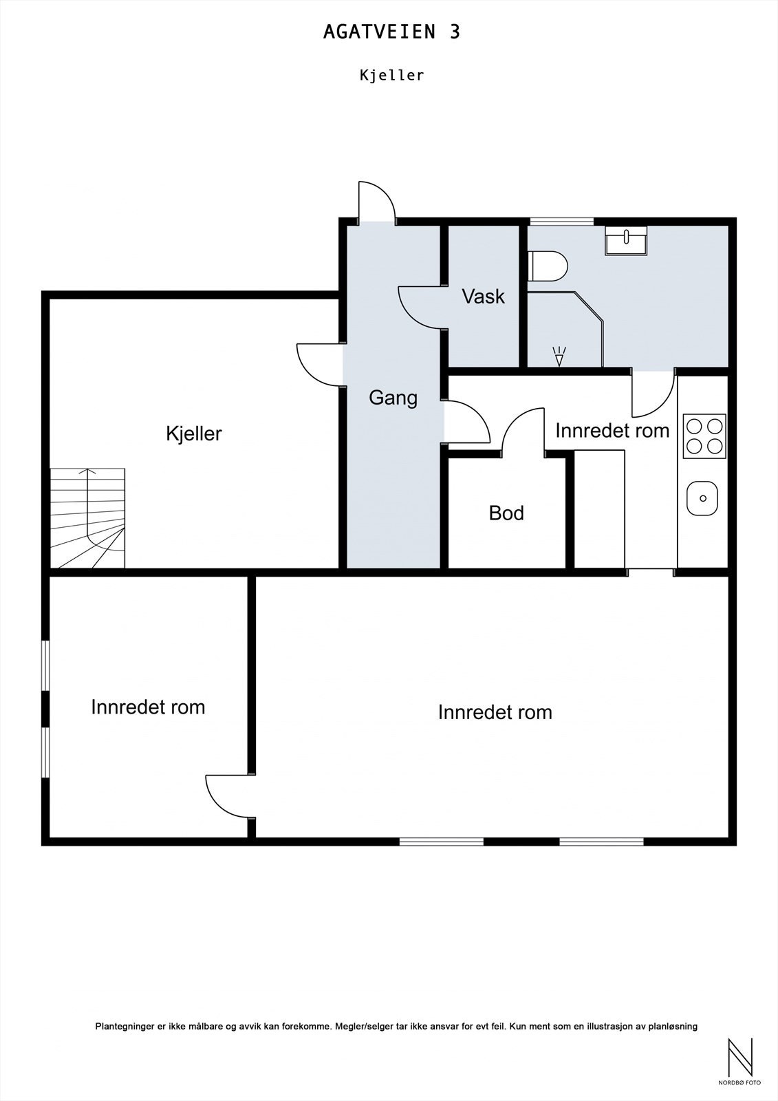 Plantegning u. etasje . Kjeller er innredet, men ikke godkjent for varig opphold. Galleribilde