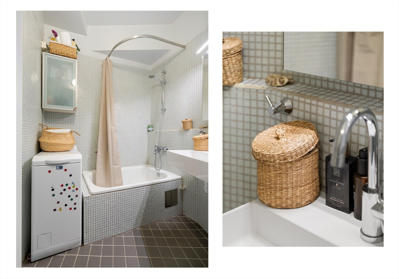 Badet har flislagte vegger og slettmalt himling, og er utstyrt med behagelig gulvvarme. Galleribilde