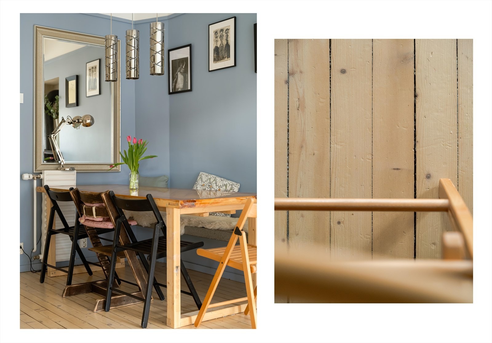 Det originale tregulvet strekker seg gjennom hele leiligheten, og setter et sjarmerende preg på boligen. Galleribilde