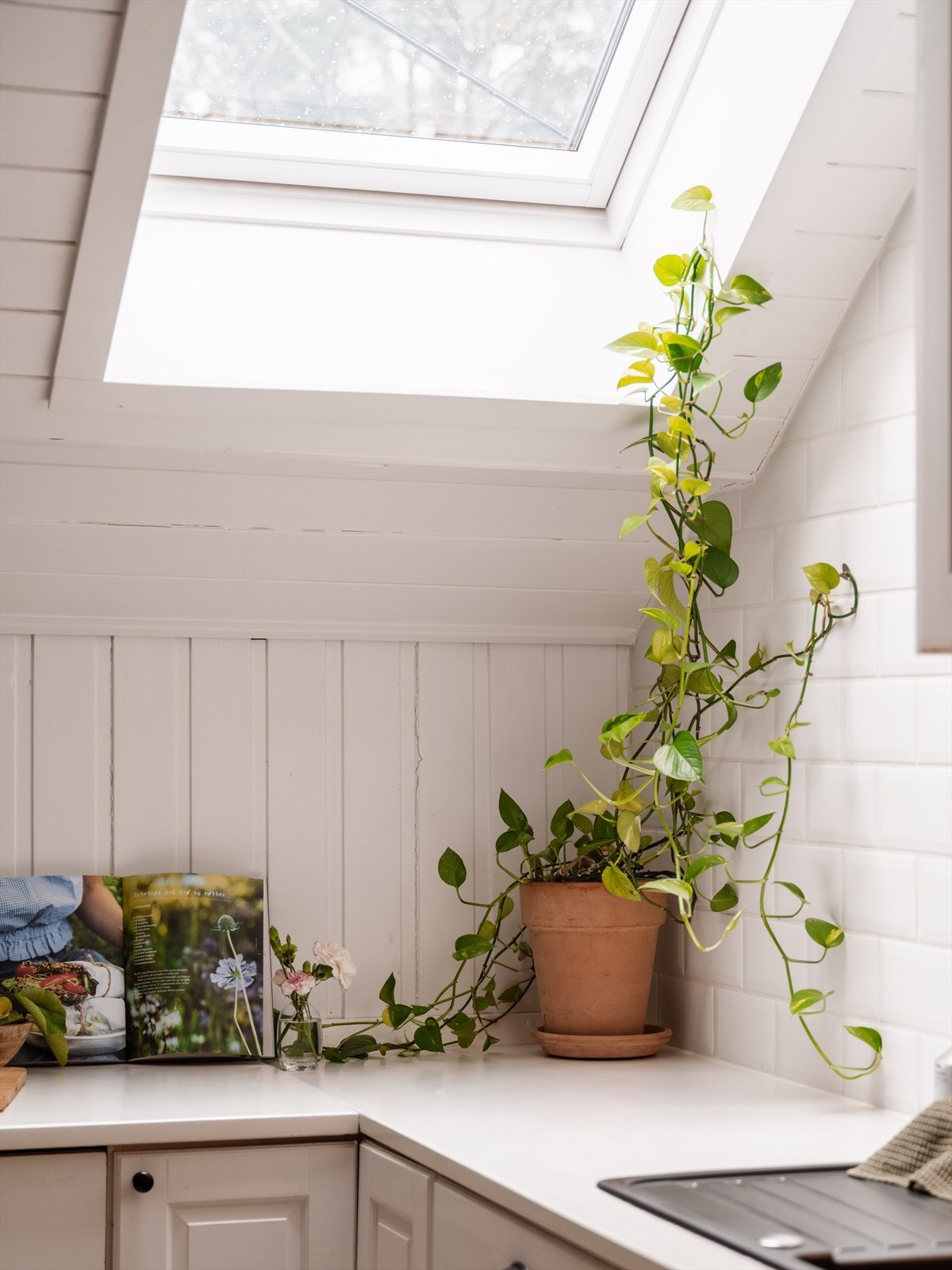 Et takvindu fra Velux, skiftet i 2016, gir kjøkkenet et behagelig, naturlig lys. Galleribilde