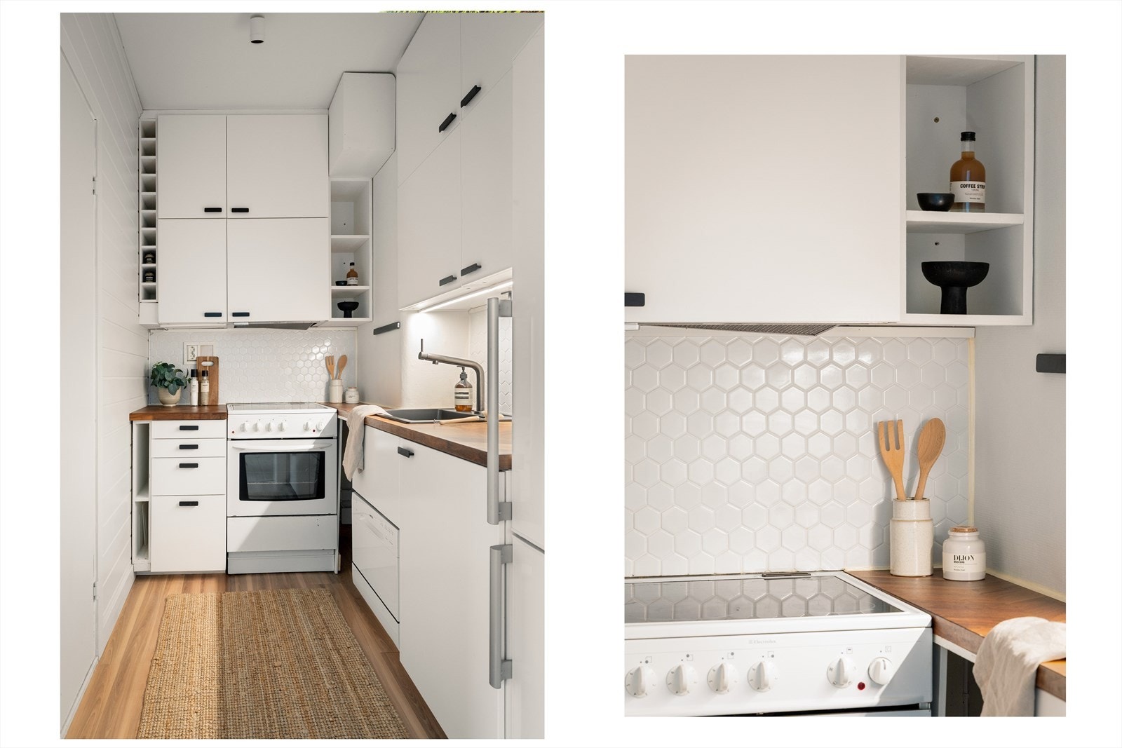 Ny kjøkkeninnredning fra 2020 med glatte fronter, laminert benkeplate, oppvaskkum, ventilator, fliser over benk og opplegg til oppvaskmaskin. Galleribilde