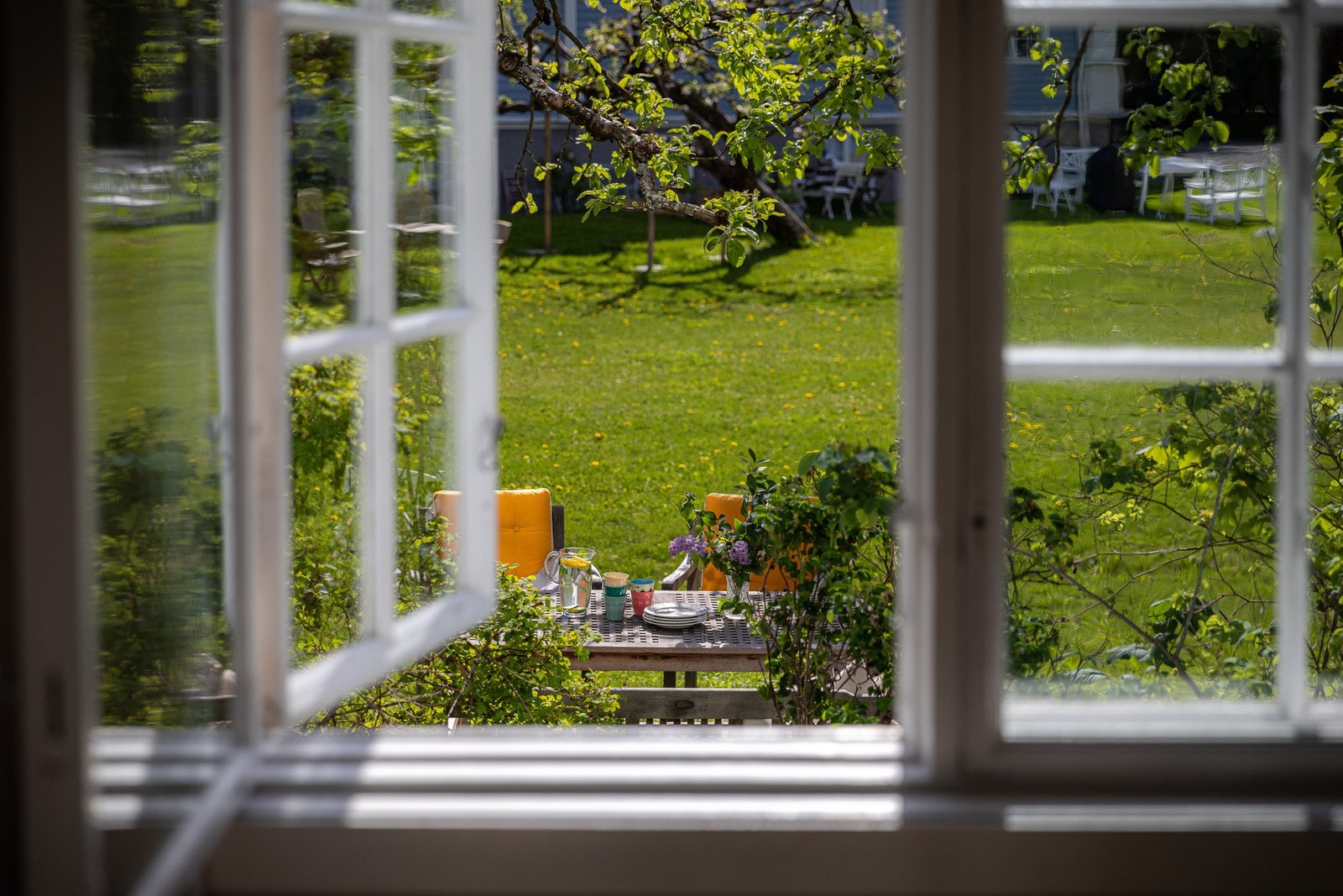 Utsyn mot frodige fellesarealer fra stuen. Galleribilde