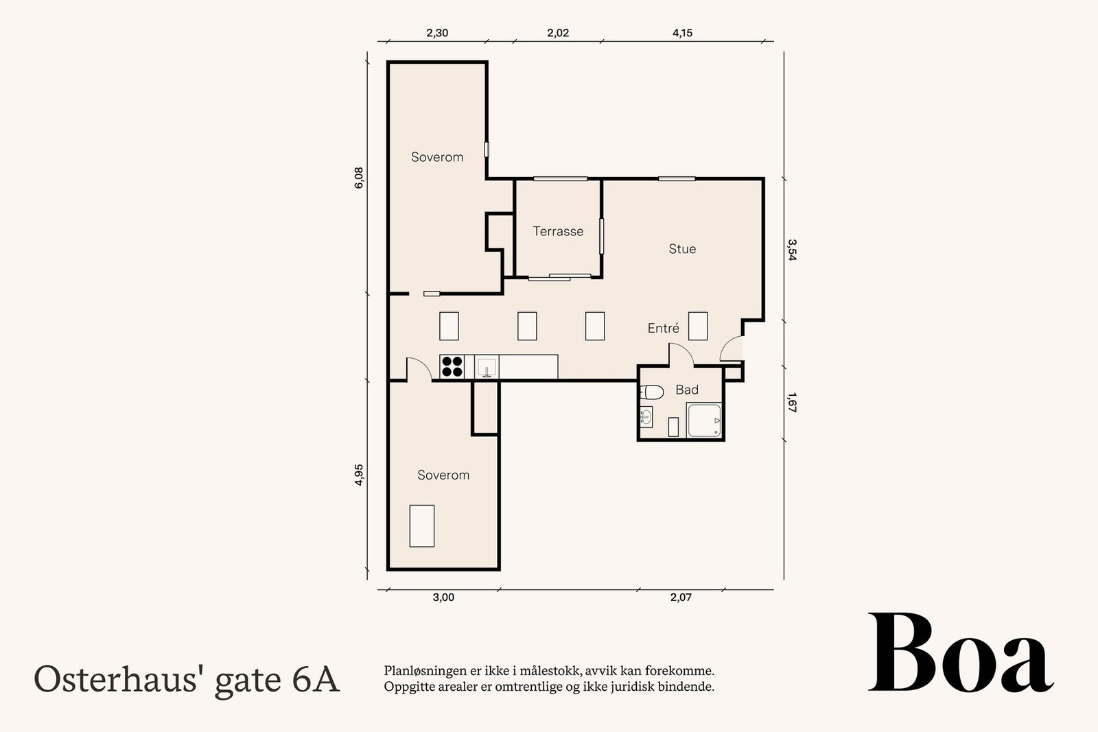 4. etasje: Entré, kjøkken, stue, to soverom og bad.
Annet: Terrasse på 5 m² og kjellerbod på 4 m². Galleribilde