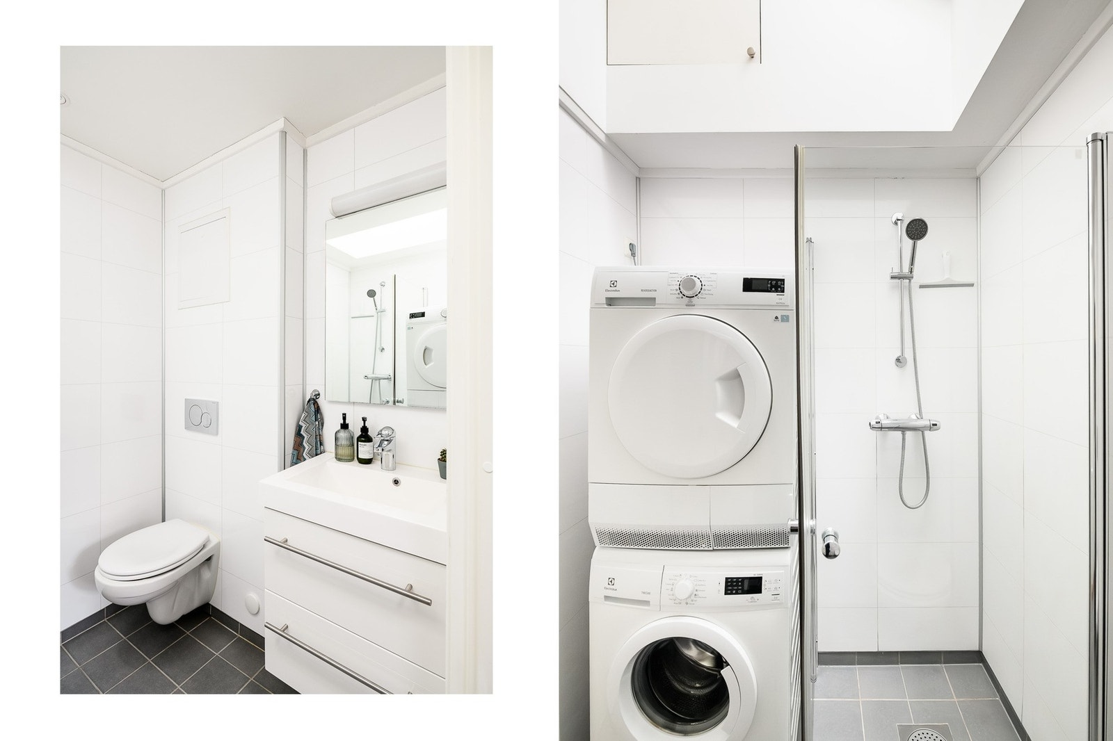 Badet er fra 2015 og har flislagt gulv med varmekabler, dusjnisje med svingbare glassdører samt opplegg for vaskesøyle. Galleribilde