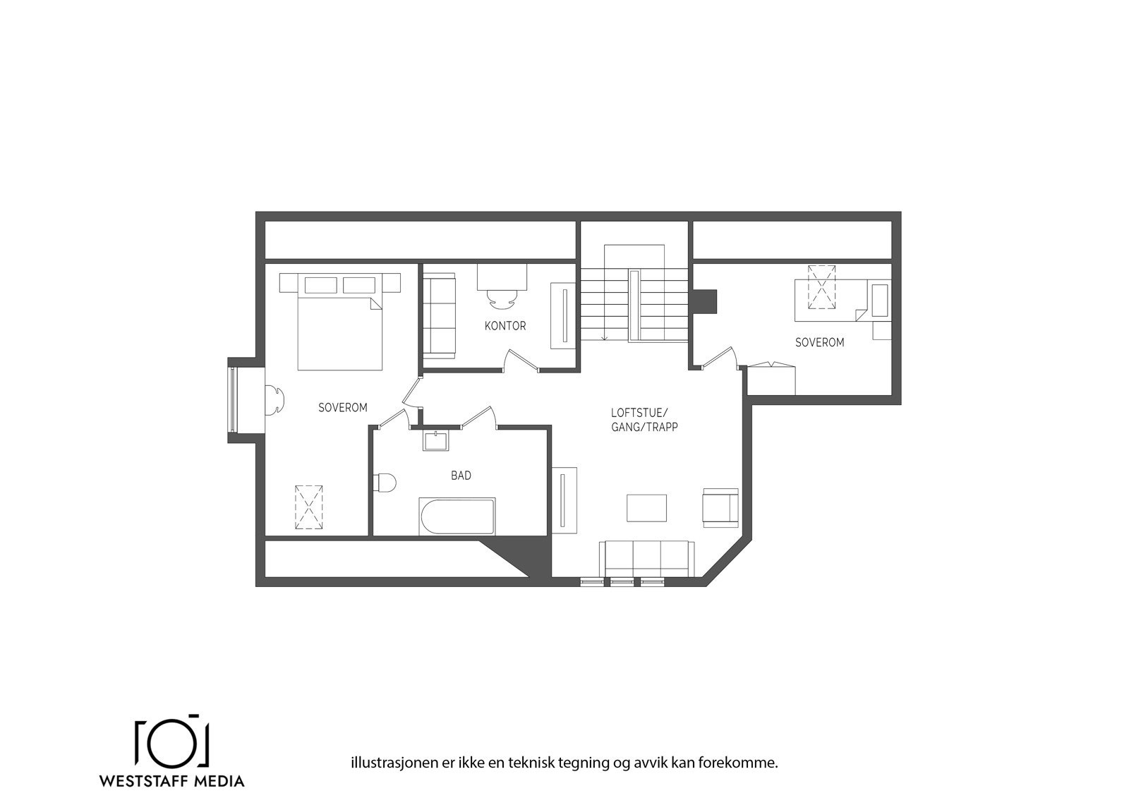 Planskisse.NB! Innredning samsvarer ikke med godkjente tegninger. Galleribilde