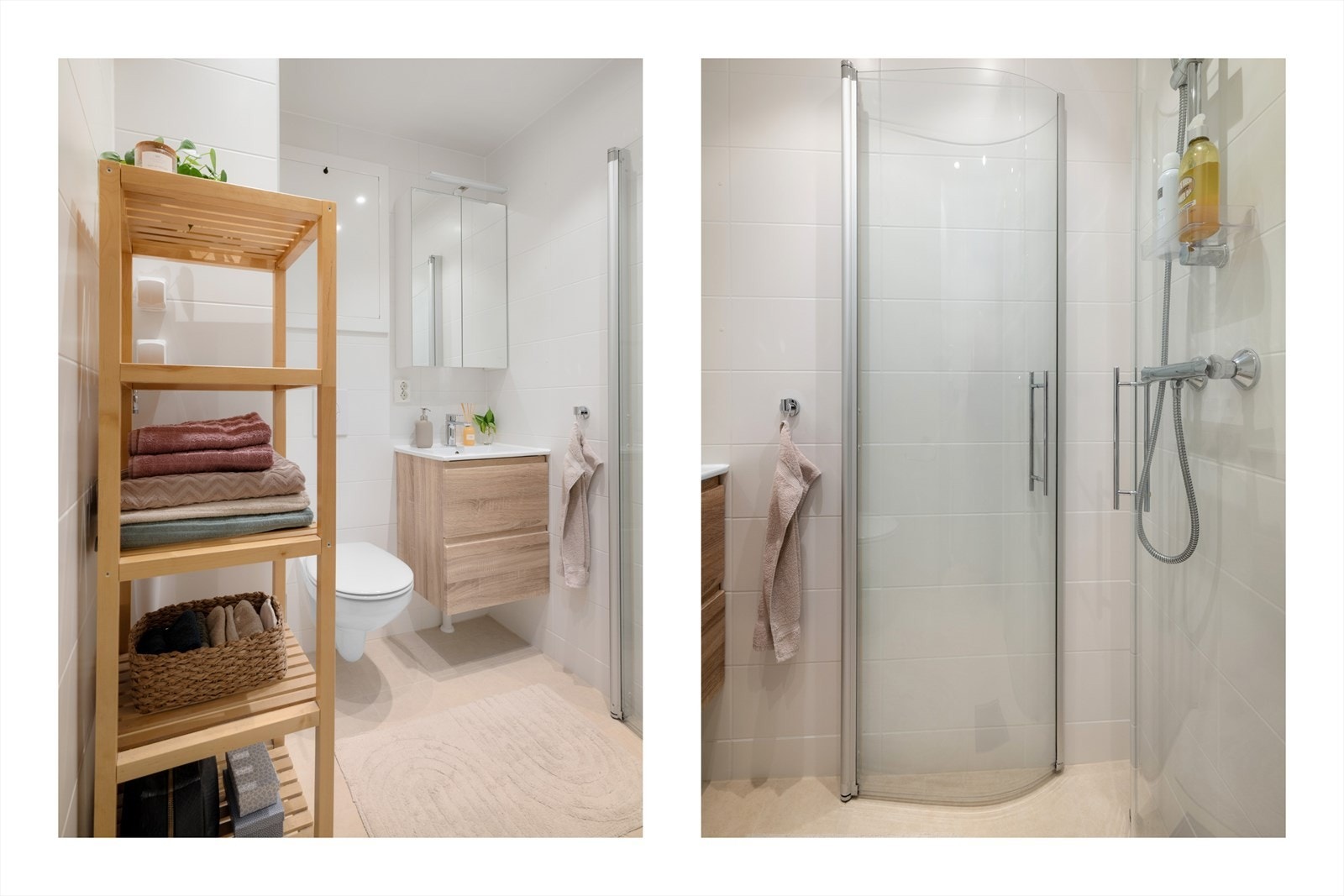 Badet ble pusset opp i regi av borettslaget i 2022. Badet er innredet med servant på servantskap, speilskap, vegghengt toalett og hjørnedusj. Opplegg for vaskemaskin. Galleribilde