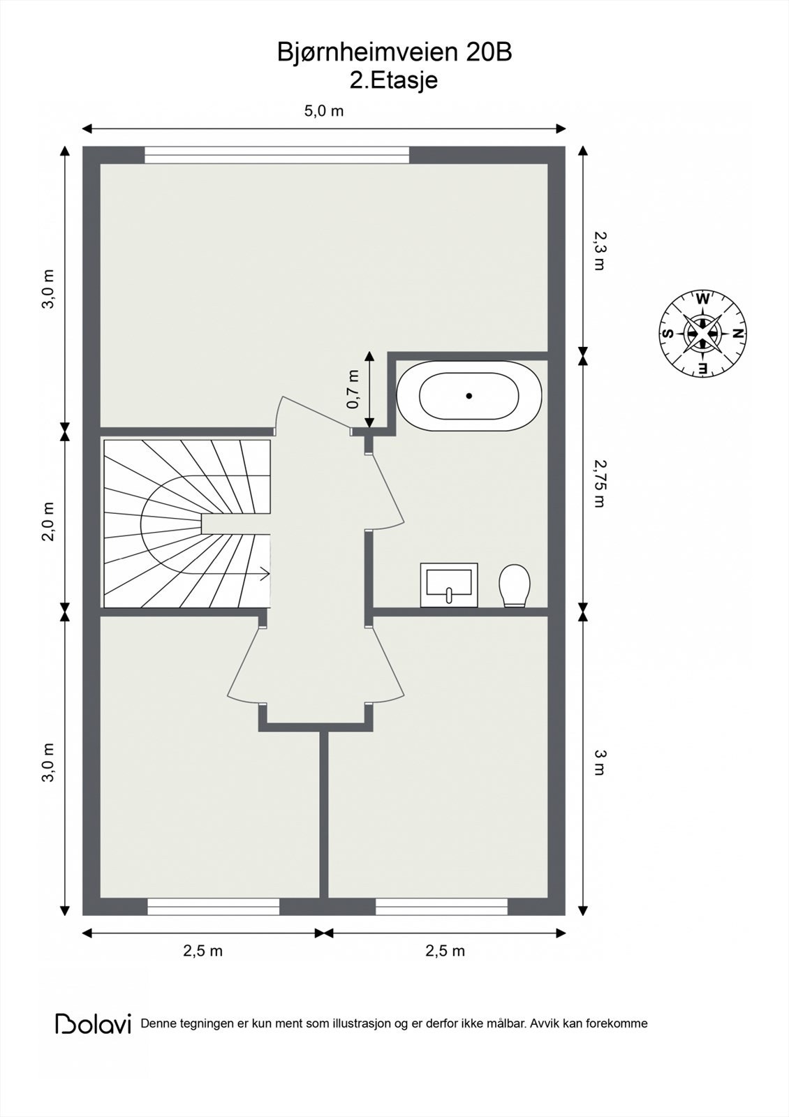 Plantegning 2. etasje. Planet inneholder 3 soverom og ett bad. Galleribilde