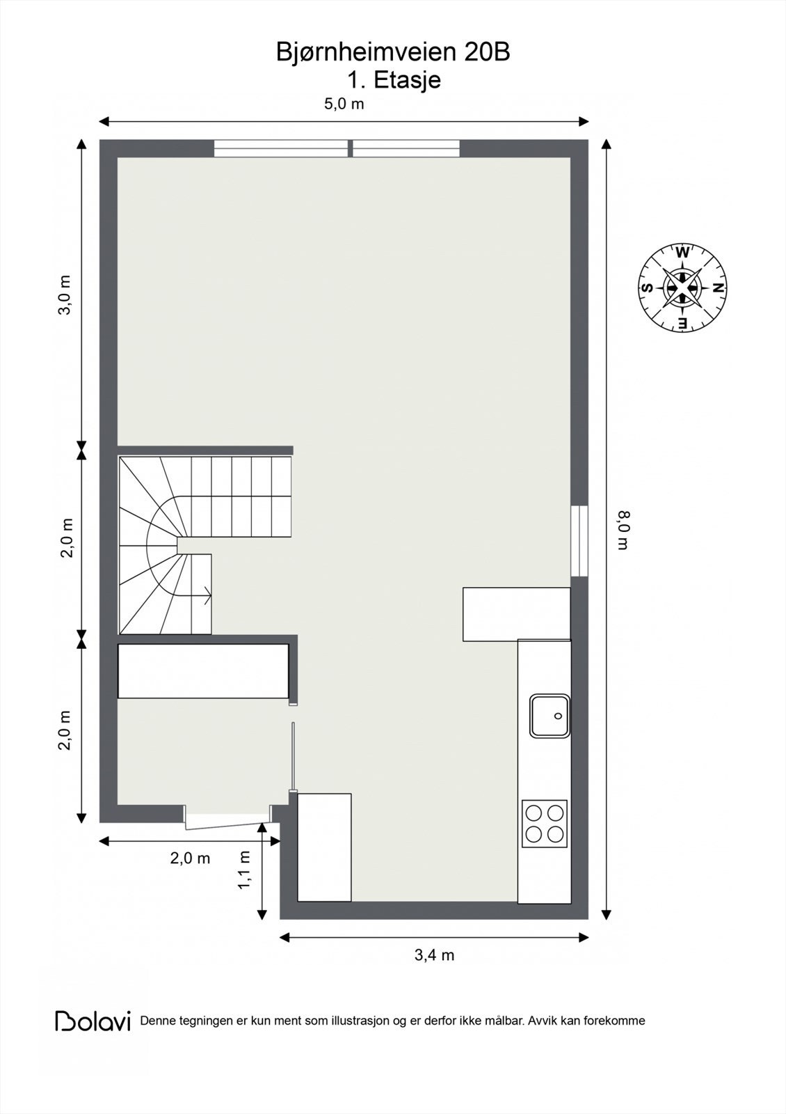 Plantegning 1. etasje. Planet inneholder entré, kjøkken og stue. Galleribilde