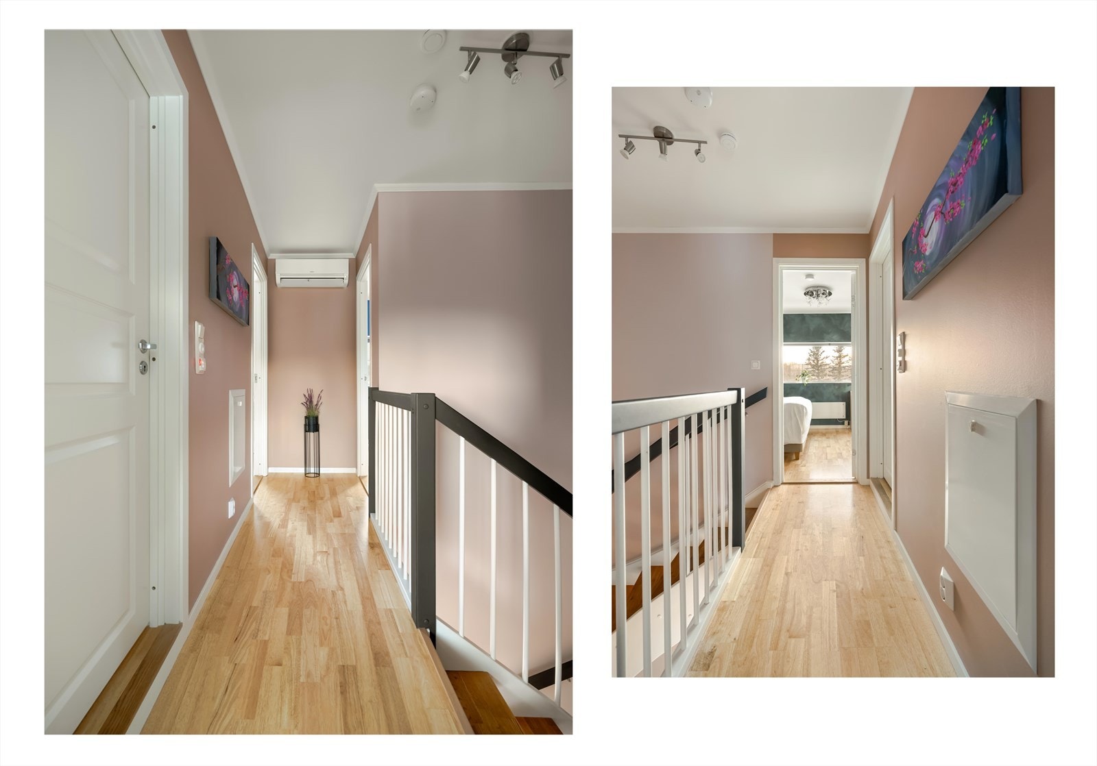 Gang i 2. etasje. Vegger, tak og rekkverk i trappen og gangen ble også malt i 2024. Galleribilde