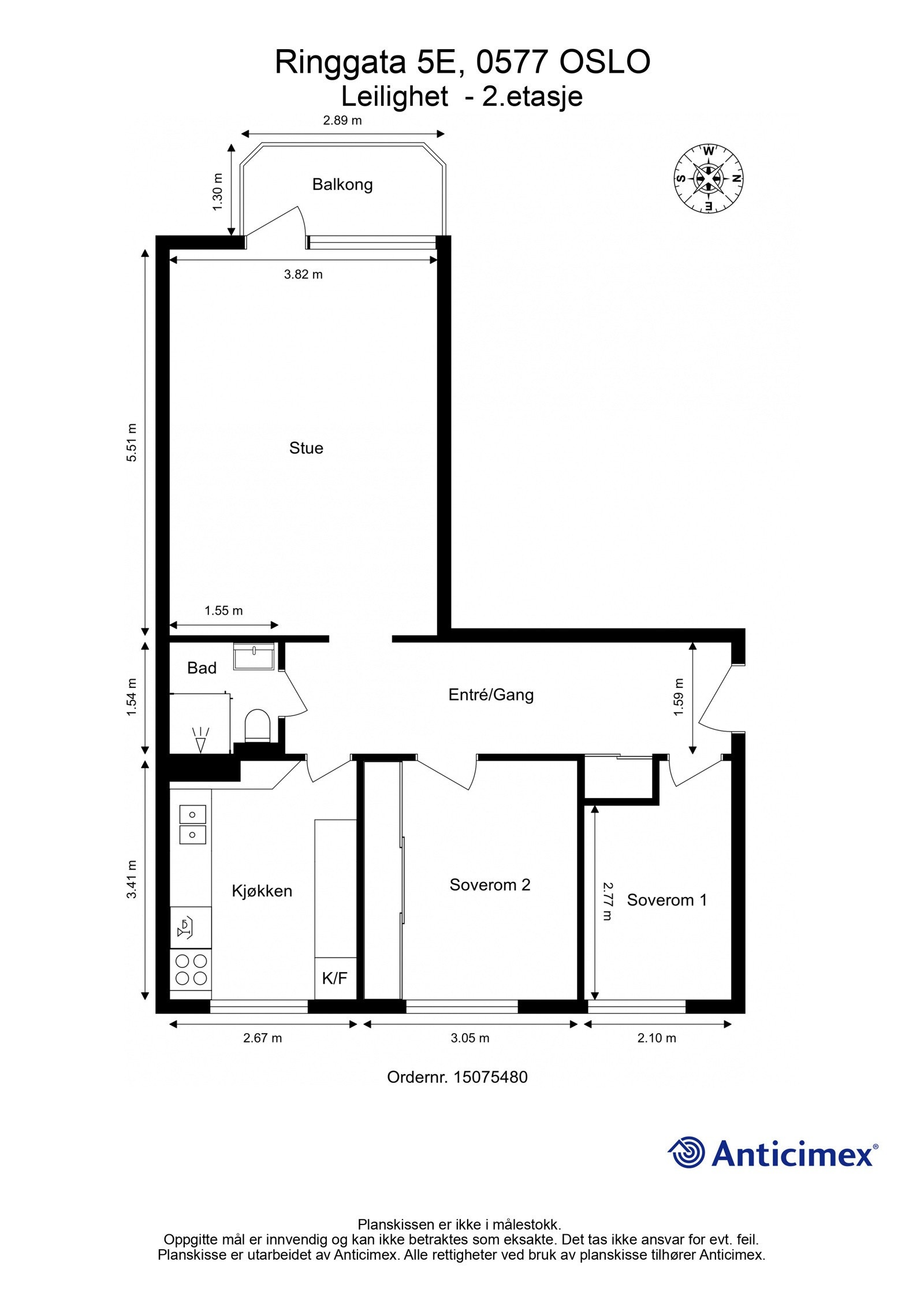 Plantegning 2. etasje. I tillegg disponerer leiligheten en kjellerbod på ca. 6m², samt en loftsbod med gulvareal på ca. 13m². Galleribilde