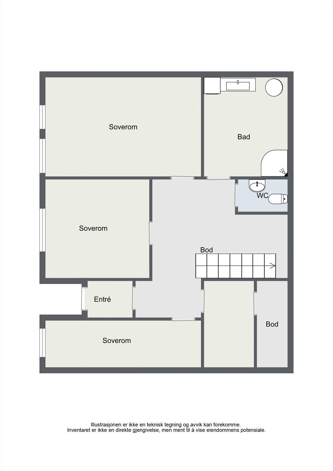 Leiligheten går over to plan. Underetasjen rommer entré, tre soverom, bad, toalettrom og to boder. Galleribilde