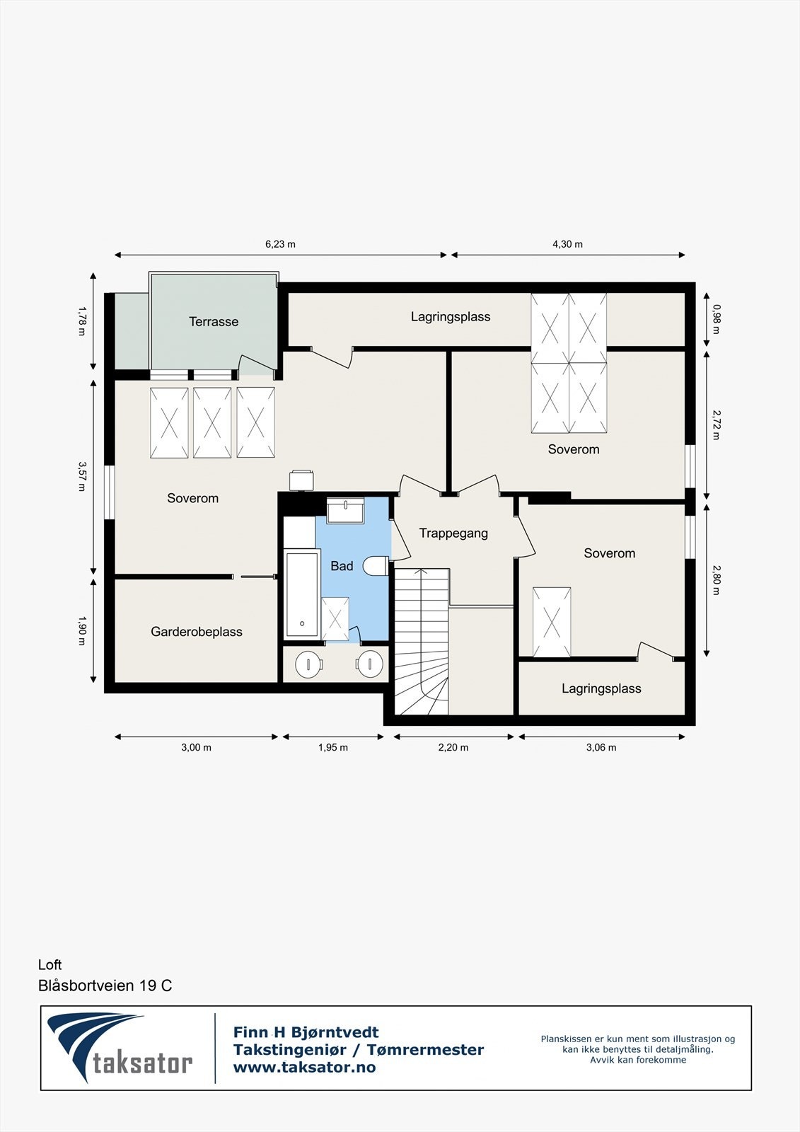 Opprinnelig plantegning loft før de to store soverommene ble delt i 2025 (avvik kan forekomme) Galleribilde