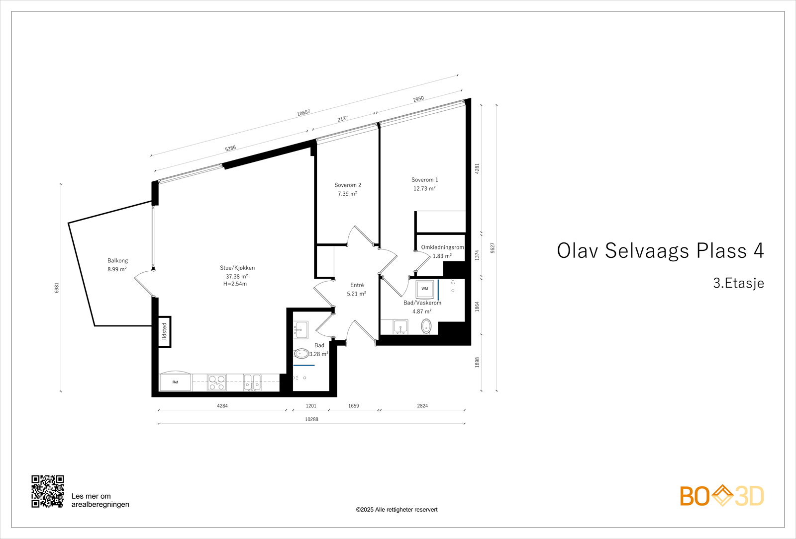 Leiligheten har en effektiv planløsning med to soverom, to bad og et separat omkledningsrom. Tilknyttet-plusskonseptet med flotte fellesarealer. Galleribilde