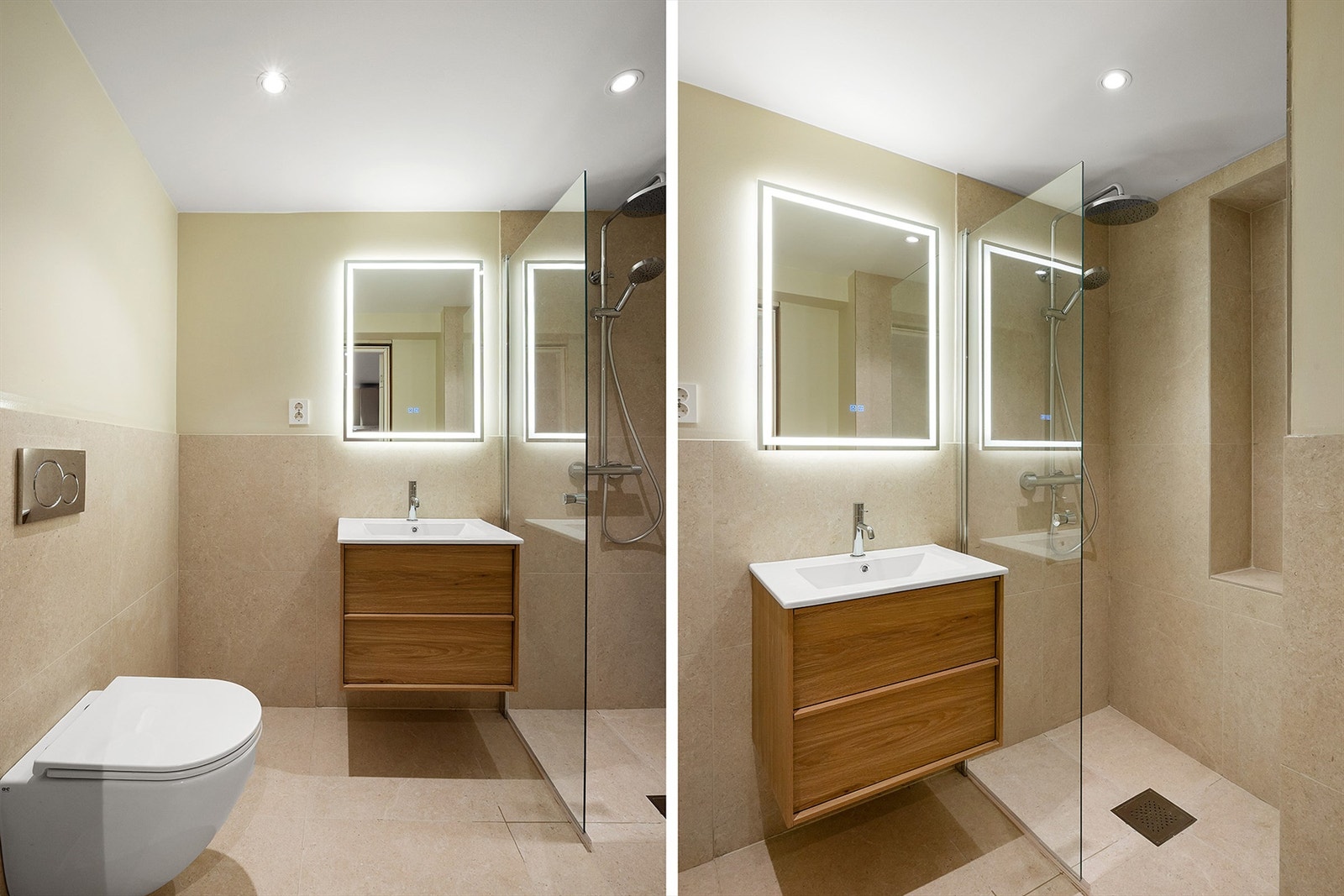 Lekkert baderom med vegghengt toalett, dusjhjørne med innfellbare glassdører og servant. Galleribilde