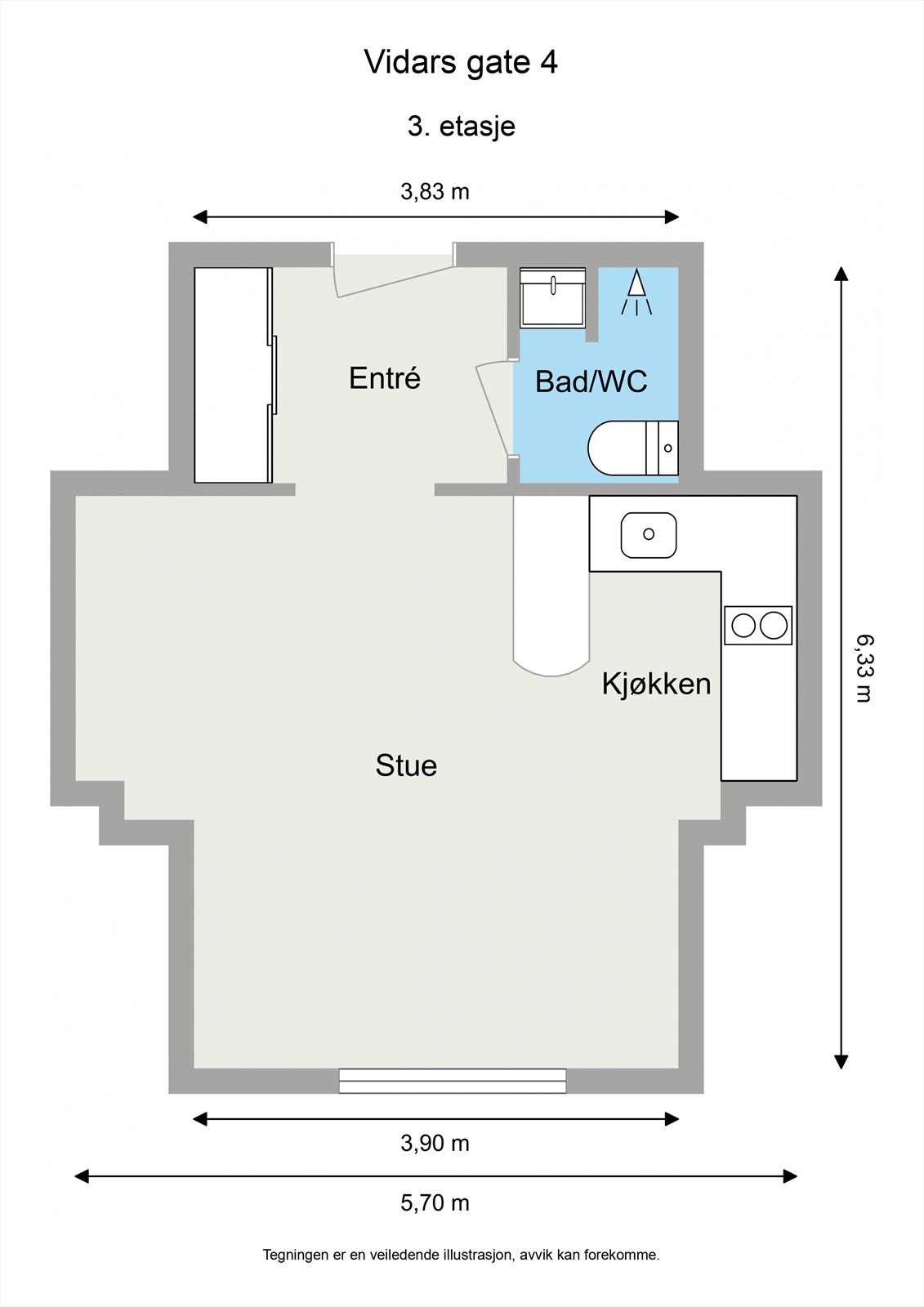 Leiligheten ligger i byggets 3. etasje og inneholder entré, bad og åpen stue- og kjøkkenløsning. I tillegg disponerer leiligheten en kjellerbod. Galleribilde
