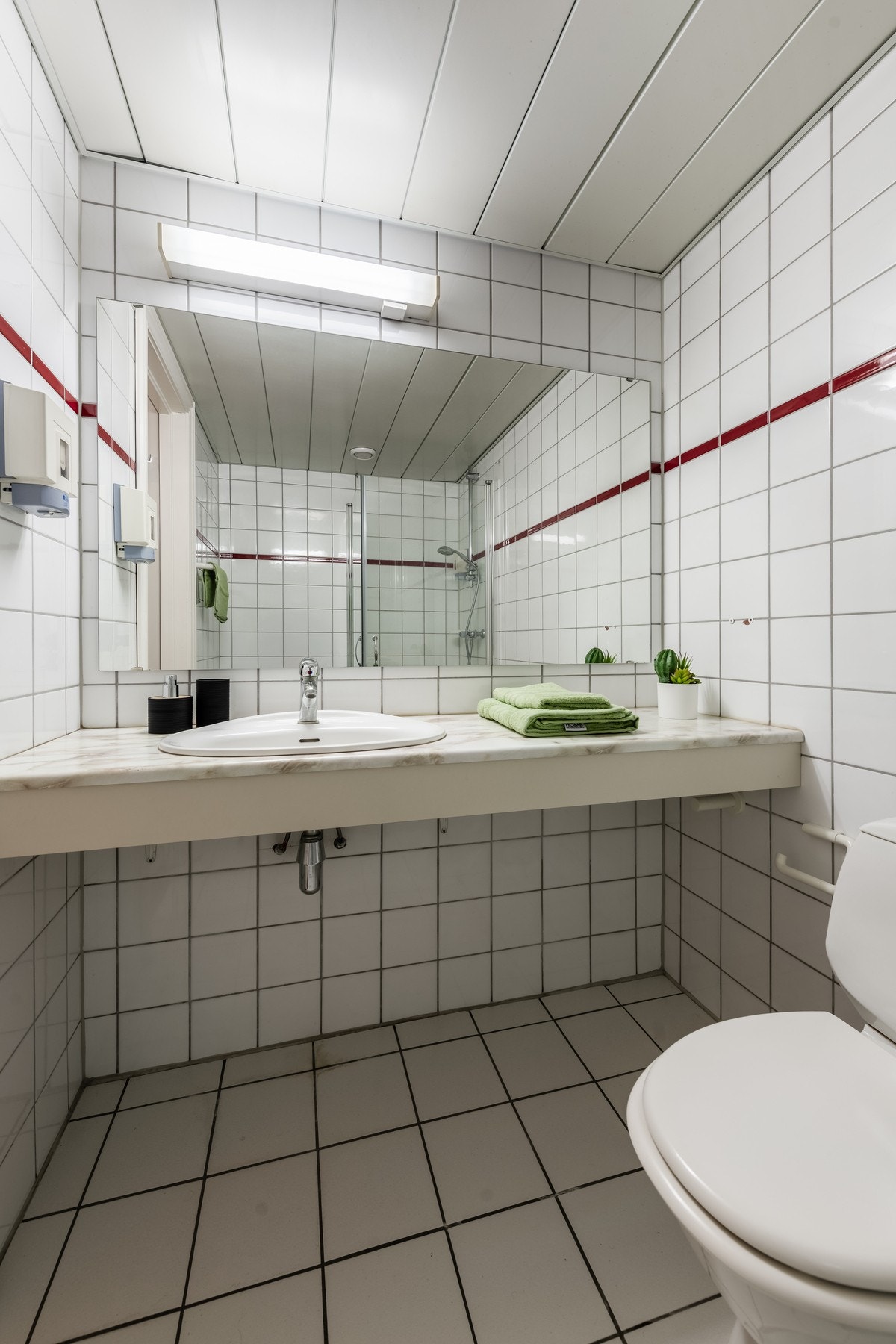 Badet er utstyrt med servant, toalett og dusjhjørne. Galleribilde