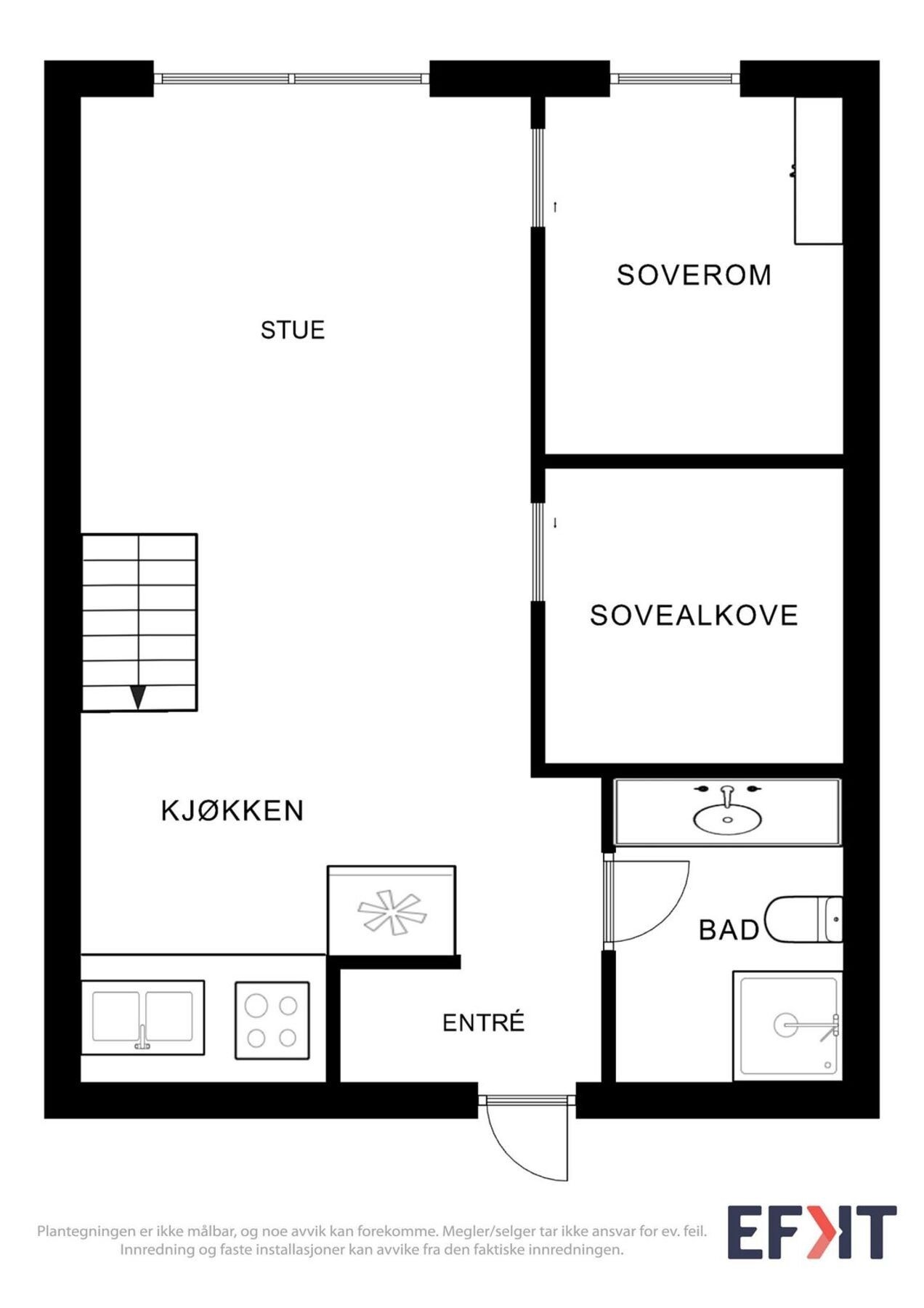 Tegningen viser planløsningen i leiligheten. Det er også hems opp trappen. Galleribilde