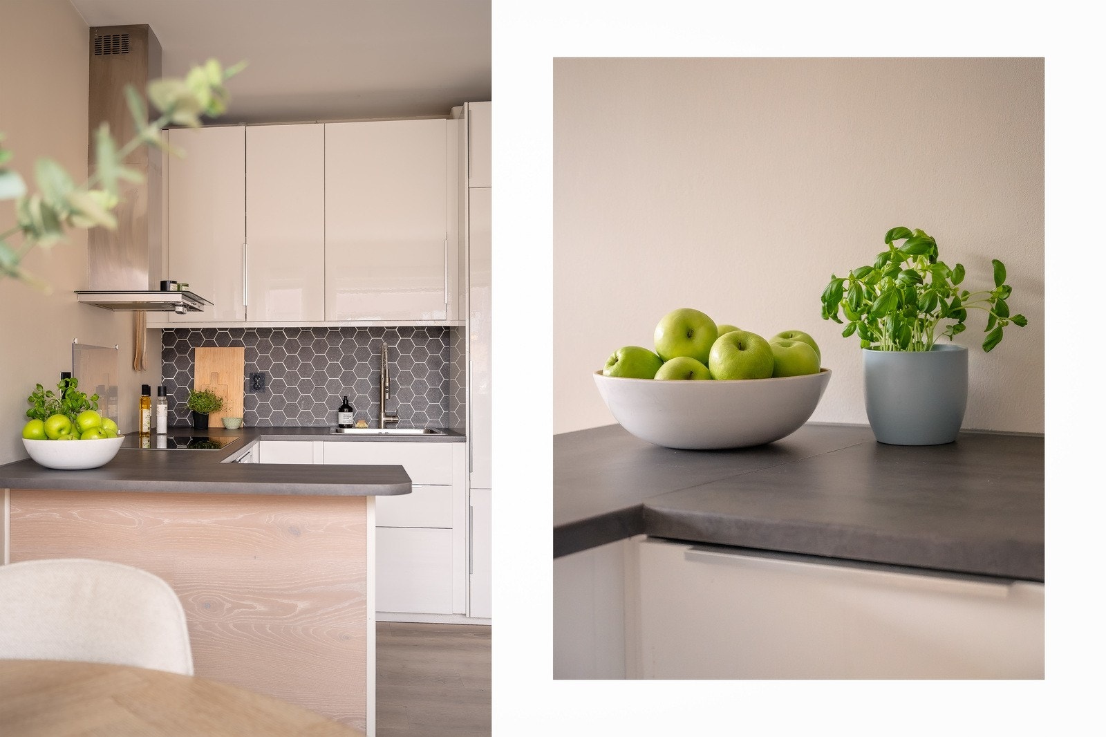 Heksagonfliser over benken gir kjøkkenet et stilrent uttrykk. Galleribilde