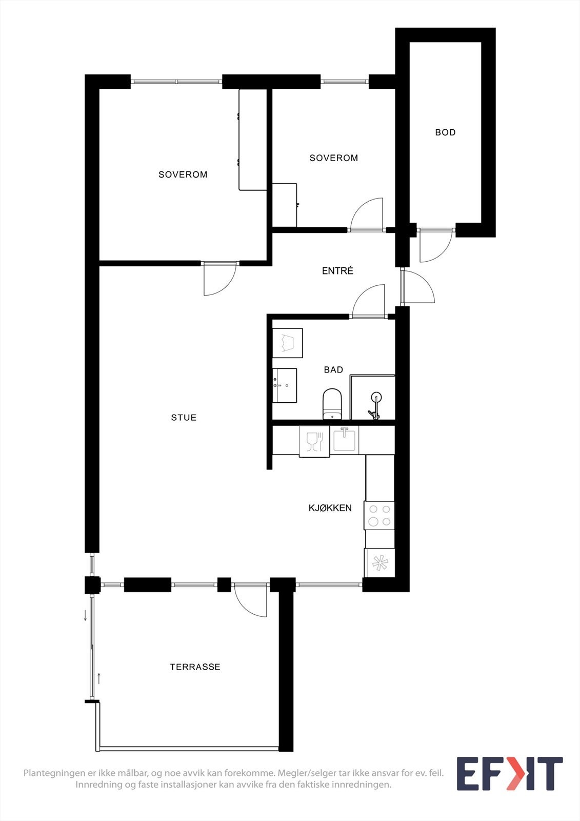 Leiligheten har en arealeffektiv planløsning med to soverom, alt praktisk plassert på ett plan. Galleribilde