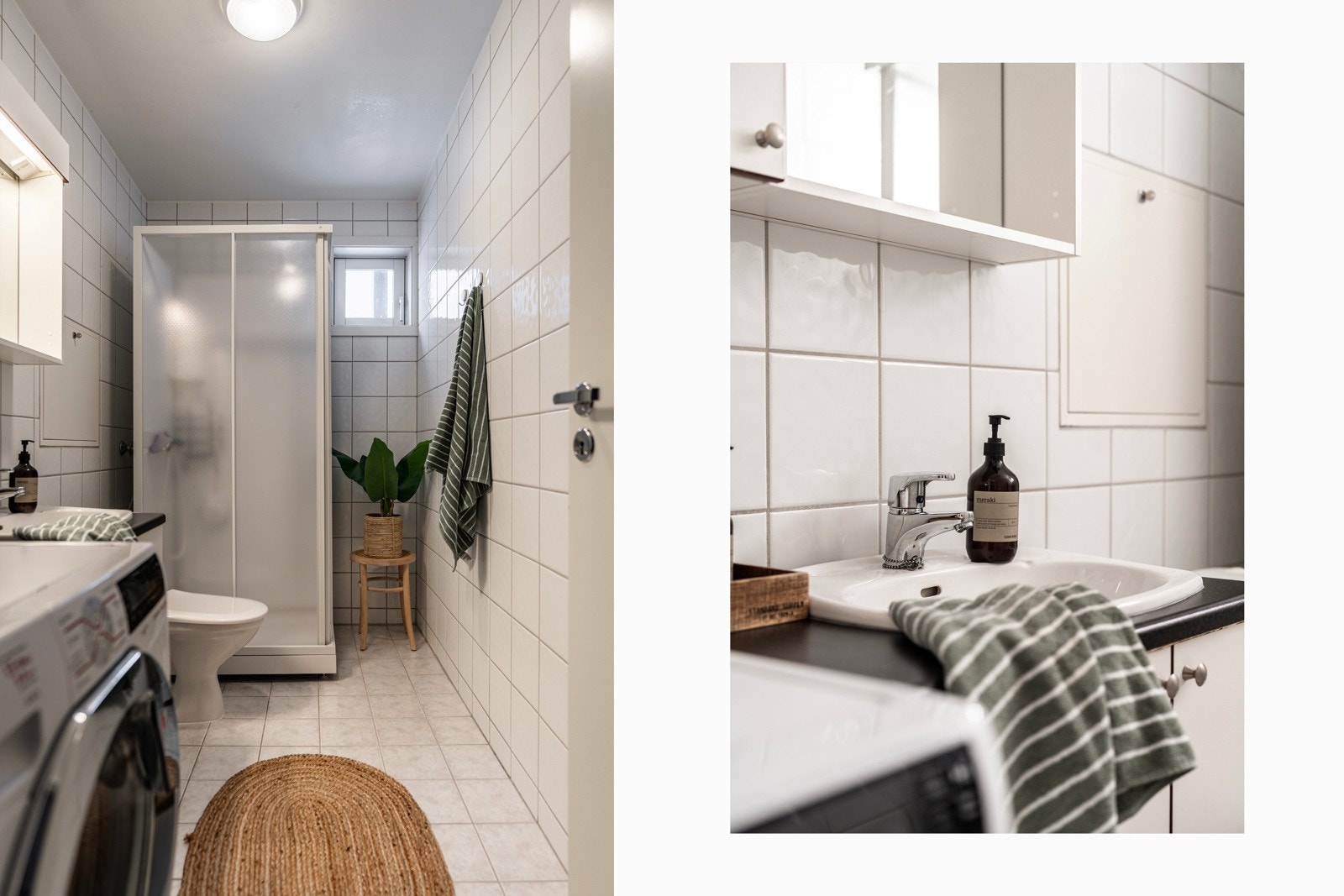 Flislagt baderom med dusjkabinett og opplegg for vaskemaskin. Varmekabler i gulv. Galleribilde