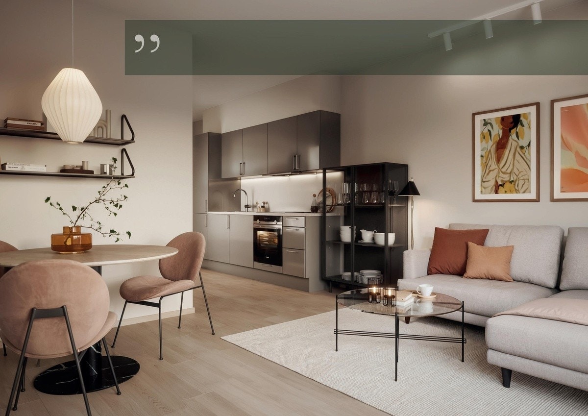 Illustrasjon av planløsning og boligens standard Galleribilde