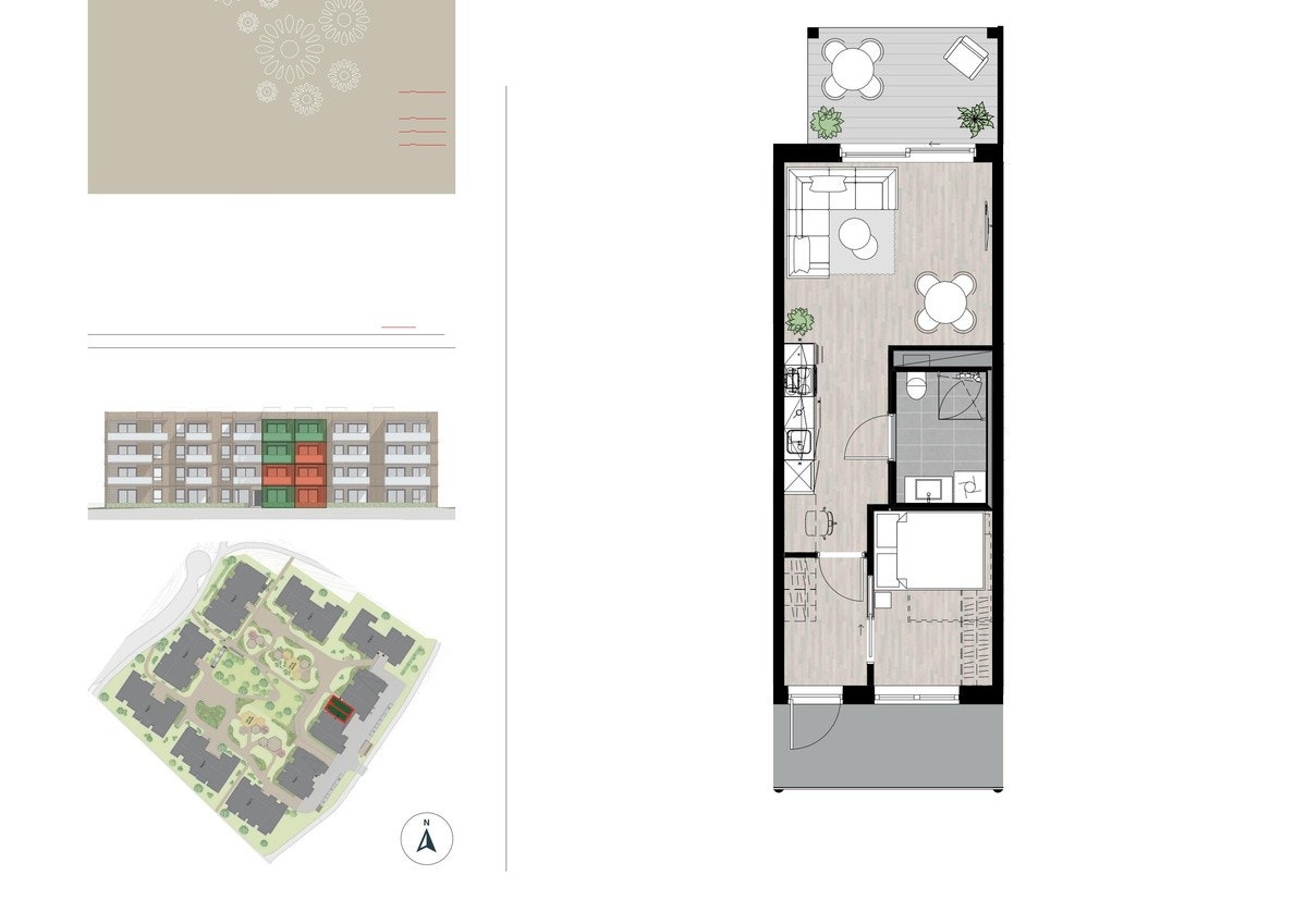 Planløsning. Leiligheten har vestvendt balkong vendt inn mot skjermet tun Galleribilde