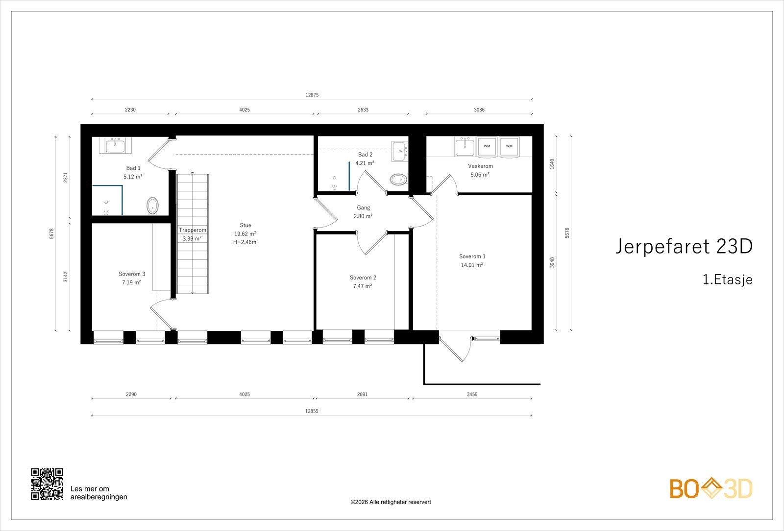 1. etasje, BRA-i 73 m²: Stue med trapp, bad/wc (ved trapp), mellomgang, bad/wc (ved mellomgang), 2 soverom, TV-stue (alternativt soverom nr. 3) og vaskerom Galleribilde