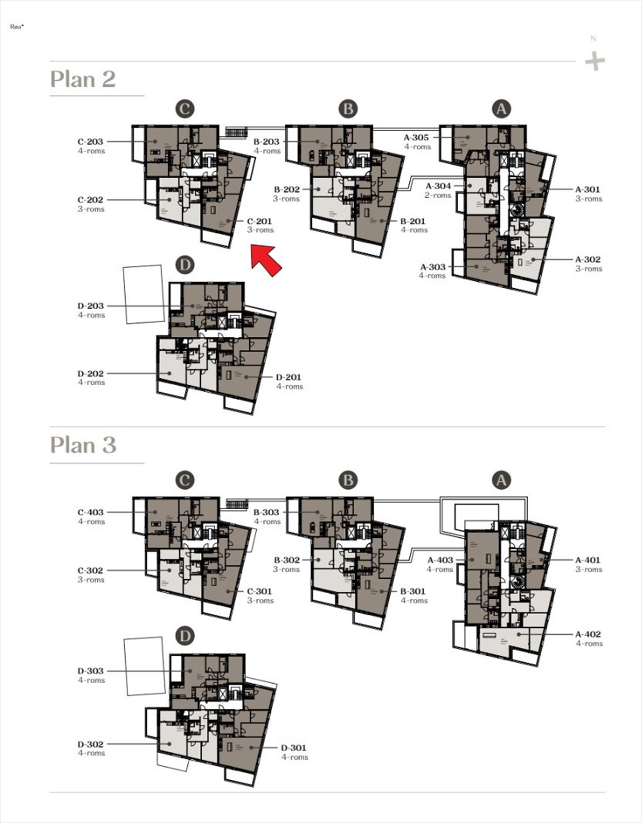 Etasjeplan med markering av leilighetens beliggenhet. Galleribilde