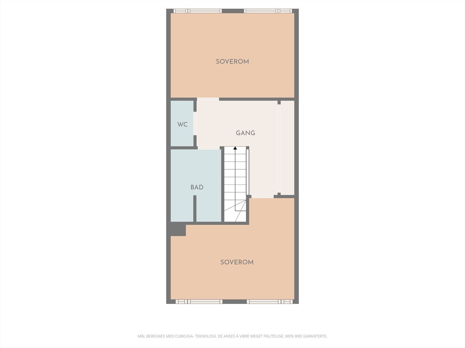 2. etasje. Opprinnelig var soverommet i tilknytning til wc delt i to, dette kan tilbakestilles slik at 2. etasje har 3 soverom. Galleribilde
