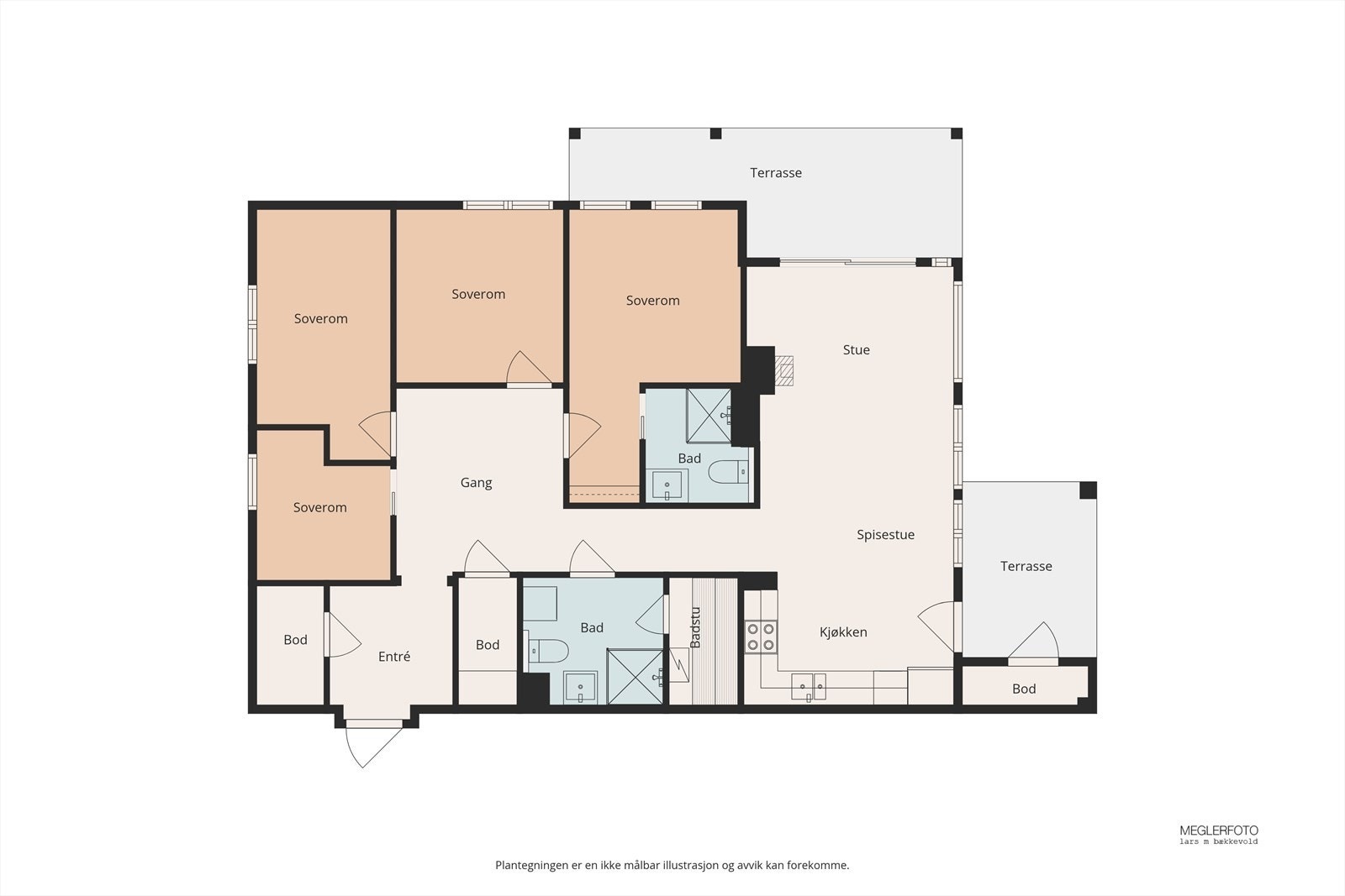 Leiligheten har god planløsning med fire soverom, to bad, badstue og stue/kjøkken i åpen løsning. Galleribilde