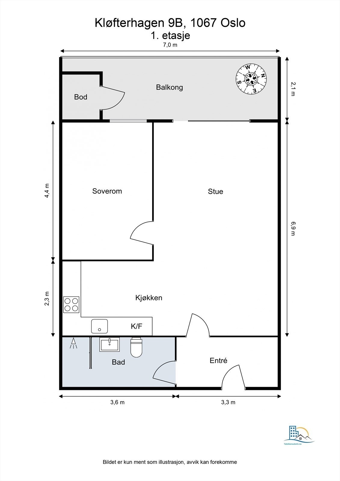 Leiligheten har en arealeffektiv planløsning på 61 m² med entré, bad, soverom, kjøkken og stue. Galleribilde