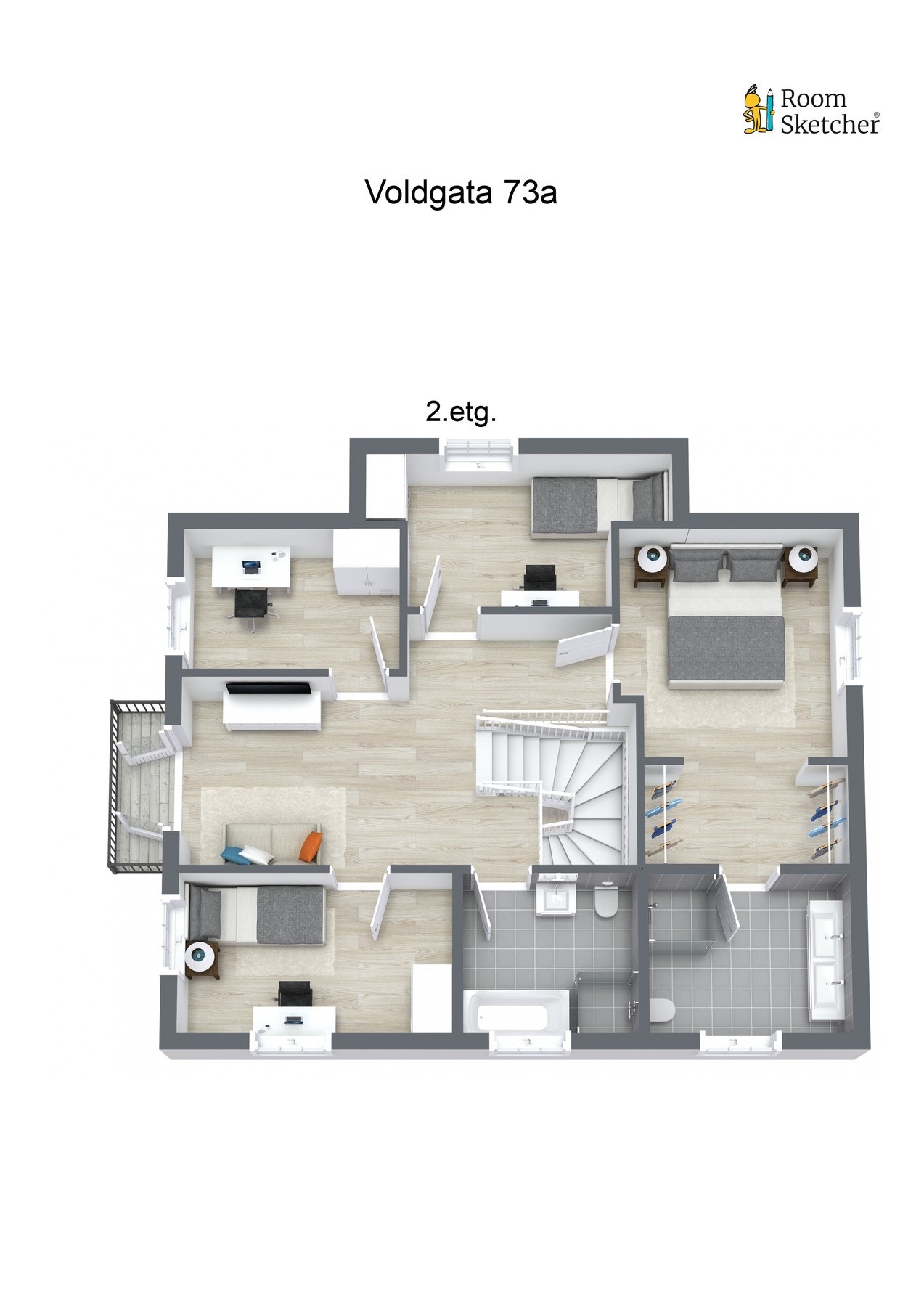 Plantegning 2. etasje: 4 soverom, hvorav hovedsoverommet har eget tilknyttet bad, bad 2 og stue Galleribilde