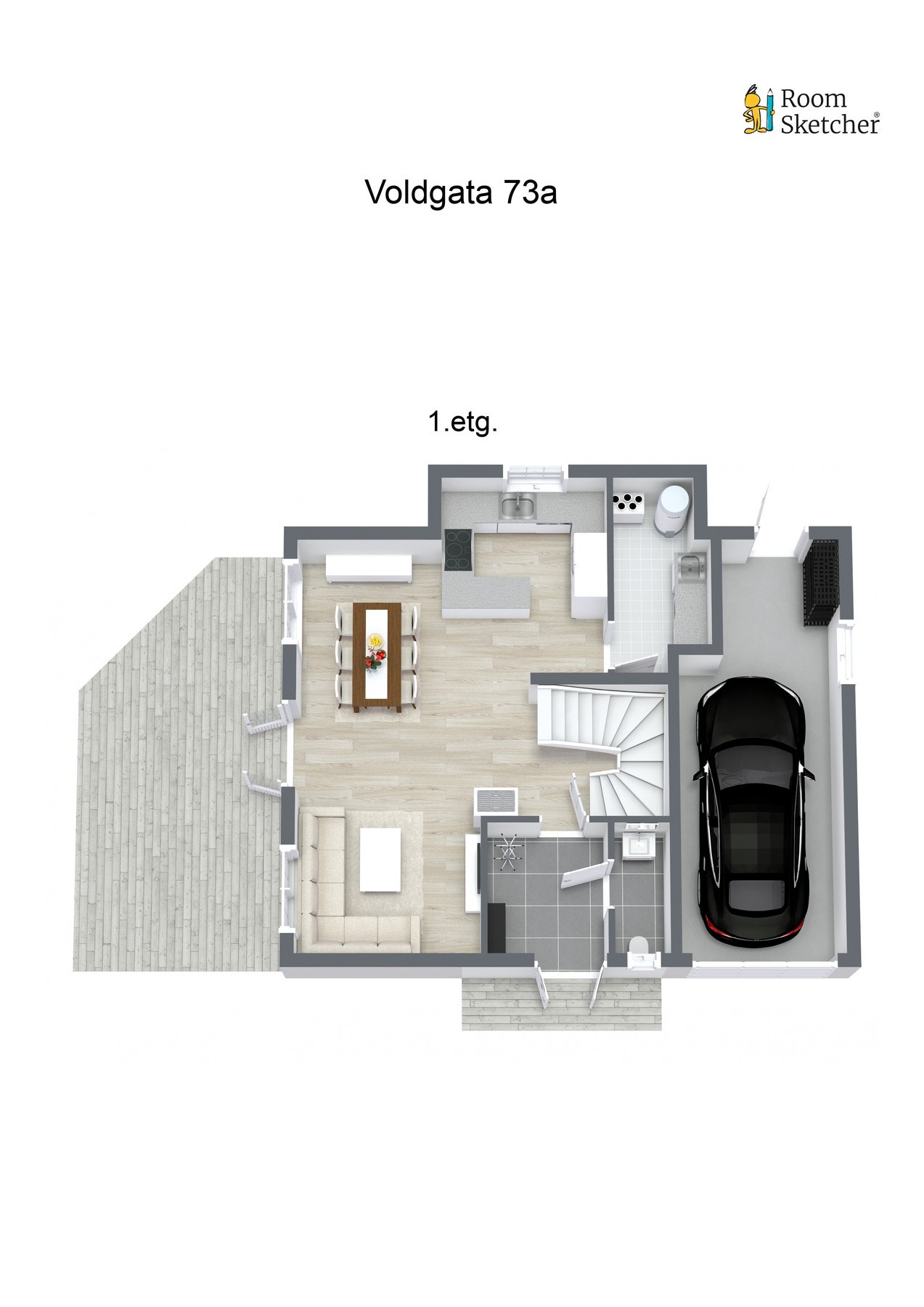Plantegning 1. etasje: Entré, wc, åpen stue- og kjøkkenløsning med utgang til terrasse og hage. Separat vaskerom Galleribilde