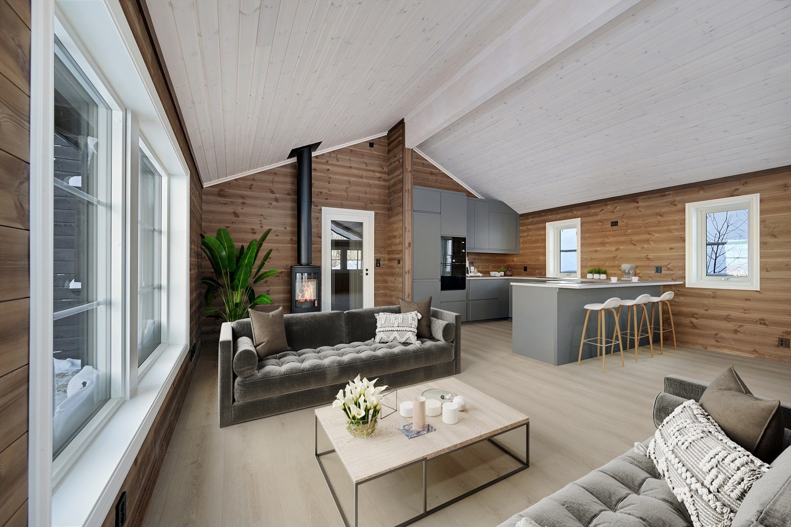 Den gode takhøyden gir mye god romfølelse og mer luft. Digitalt møblert bilde Galleribilde