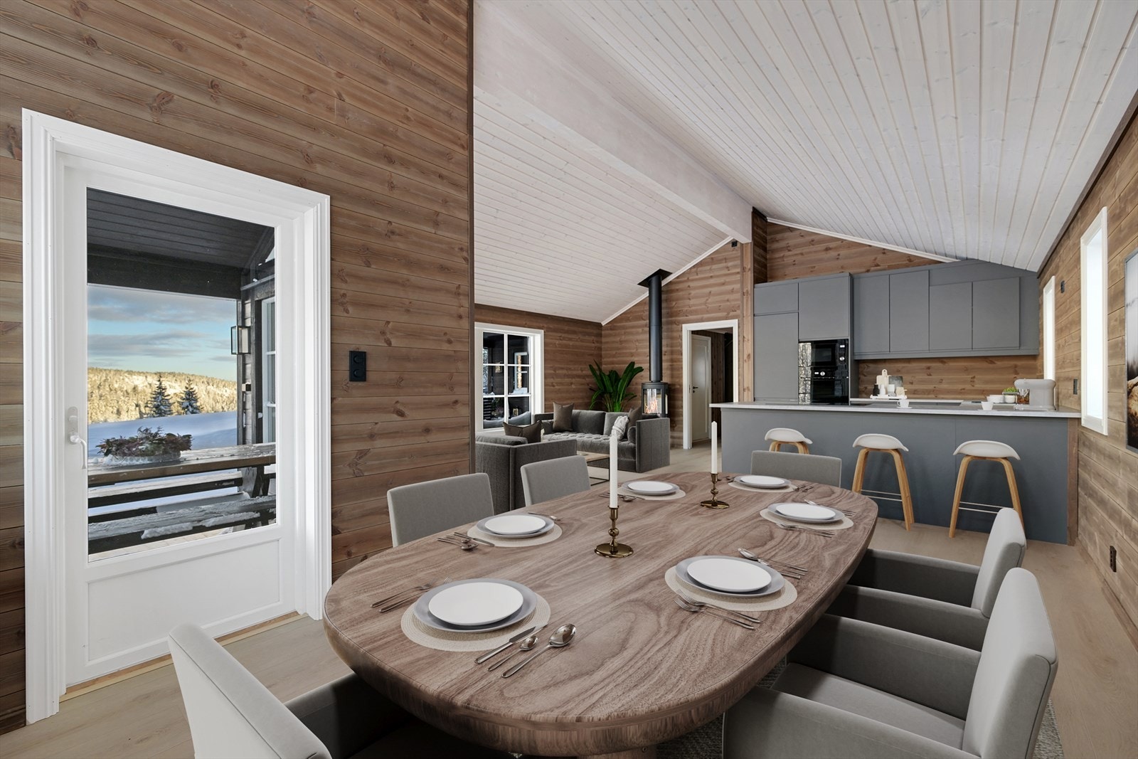 En hyggelig spiseplass i en stue som innbyr til mange valgmuligheter. Bildet illustrerer en av mulighetene. Digitalt møblert bilde Galleribilde