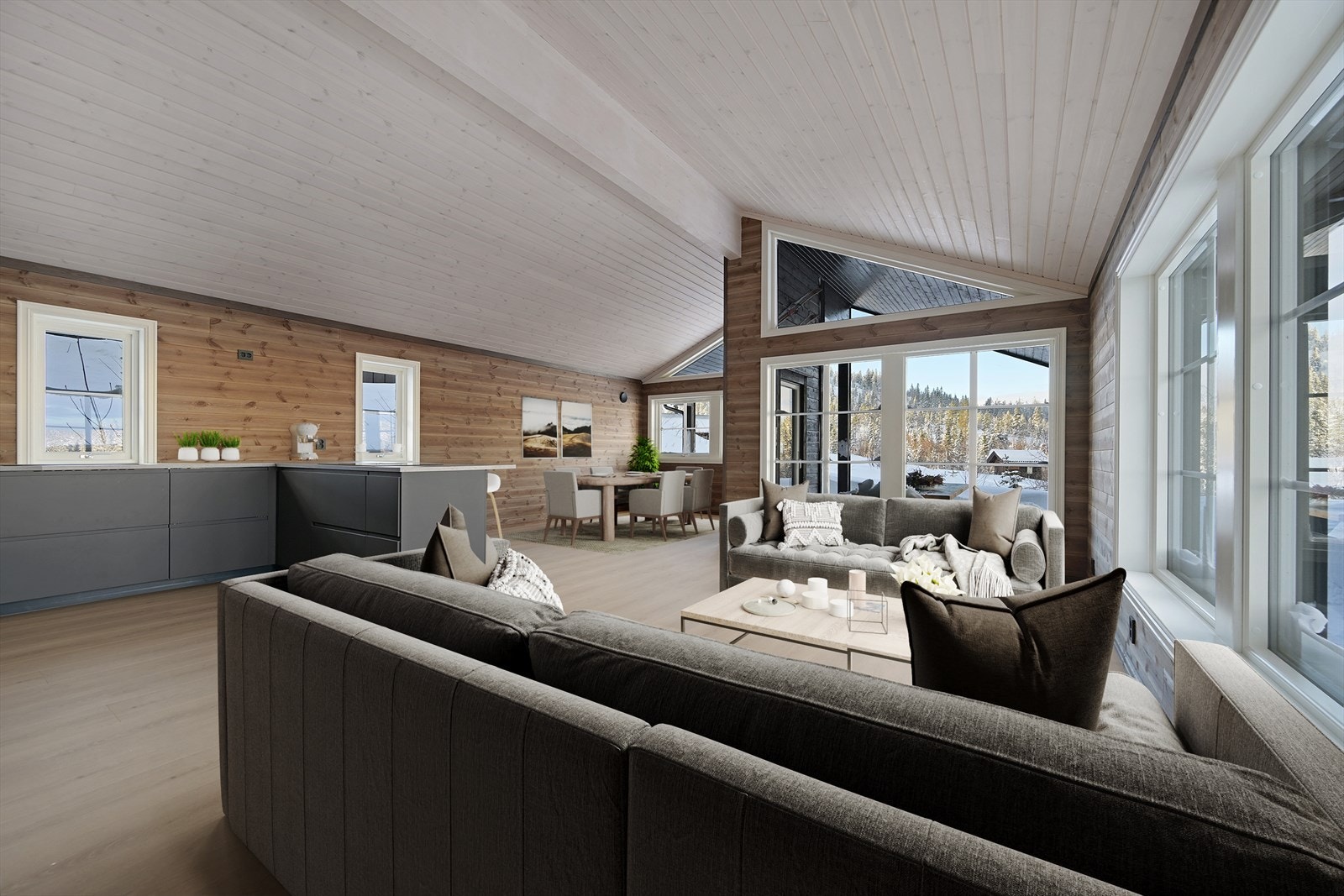 Stuen er enkel å innrede og innbyr til mange valgmuligheter. Bildet illustrerer en av mulighetene - digitalt møblert bilde Galleribilde