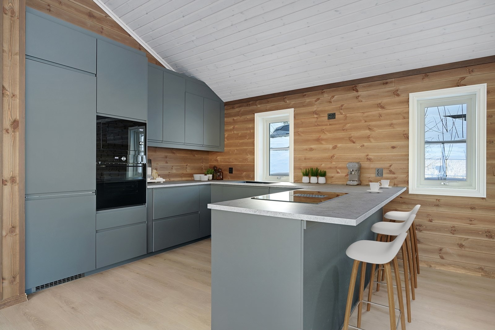 Lekker kjøkkeninnredning fra IKEA med mulighet for barløsning ved kjøkkenbenken. Digitalt møblert bilde Galleribilde