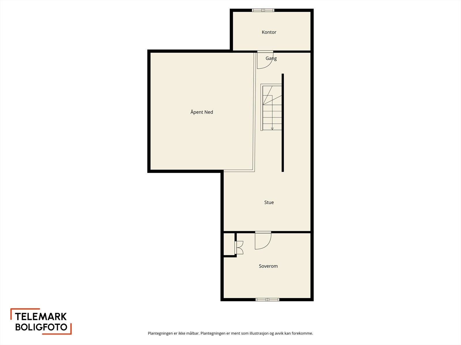 Lofsetasje. Etasjen er på ca. 44 kvm men er ikke medregnet i BRA-i pga lav takhøyde. Kontoret er definert som bod. Galleribilde